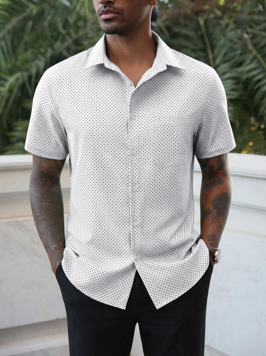 imageRuncati Mens Button Down Shirts Short Sleeve Wrinkle Free Dress Shirts Business Casual Polka Dot Print Shirt with PocketWhite