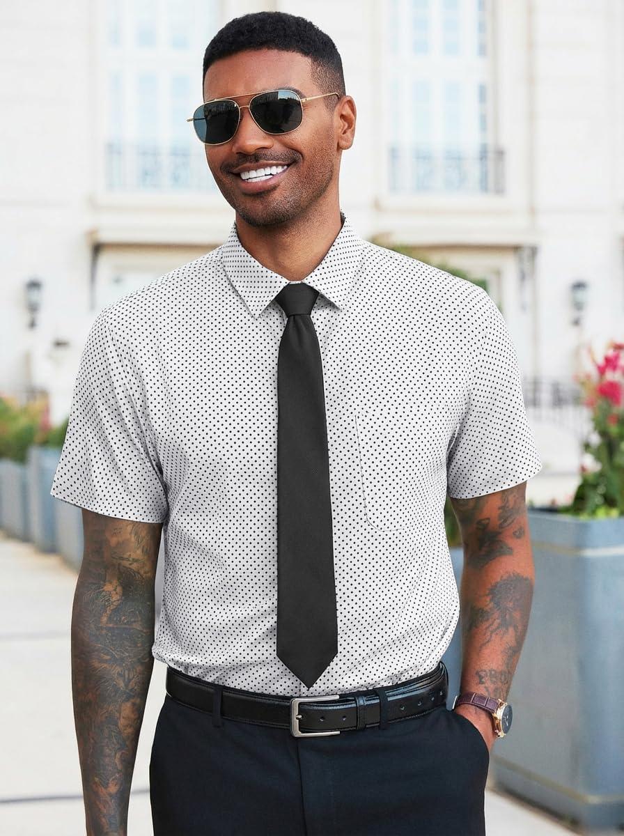 imageRuncati Mens Button Down Shirts Short Sleeve Wrinkle Free Dress Shirts Business Casual Polka Dot Print Shirt with PocketWhite