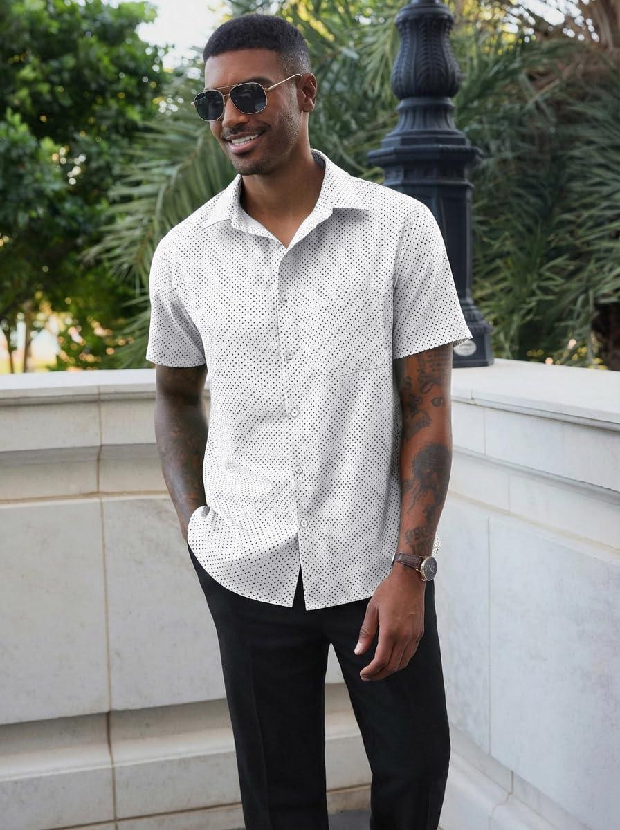 imageRuncati Mens Button Down Shirts Short Sleeve Wrinkle Free Dress Shirts Business Casual Polka Dot Print Shirt with PocketWhite