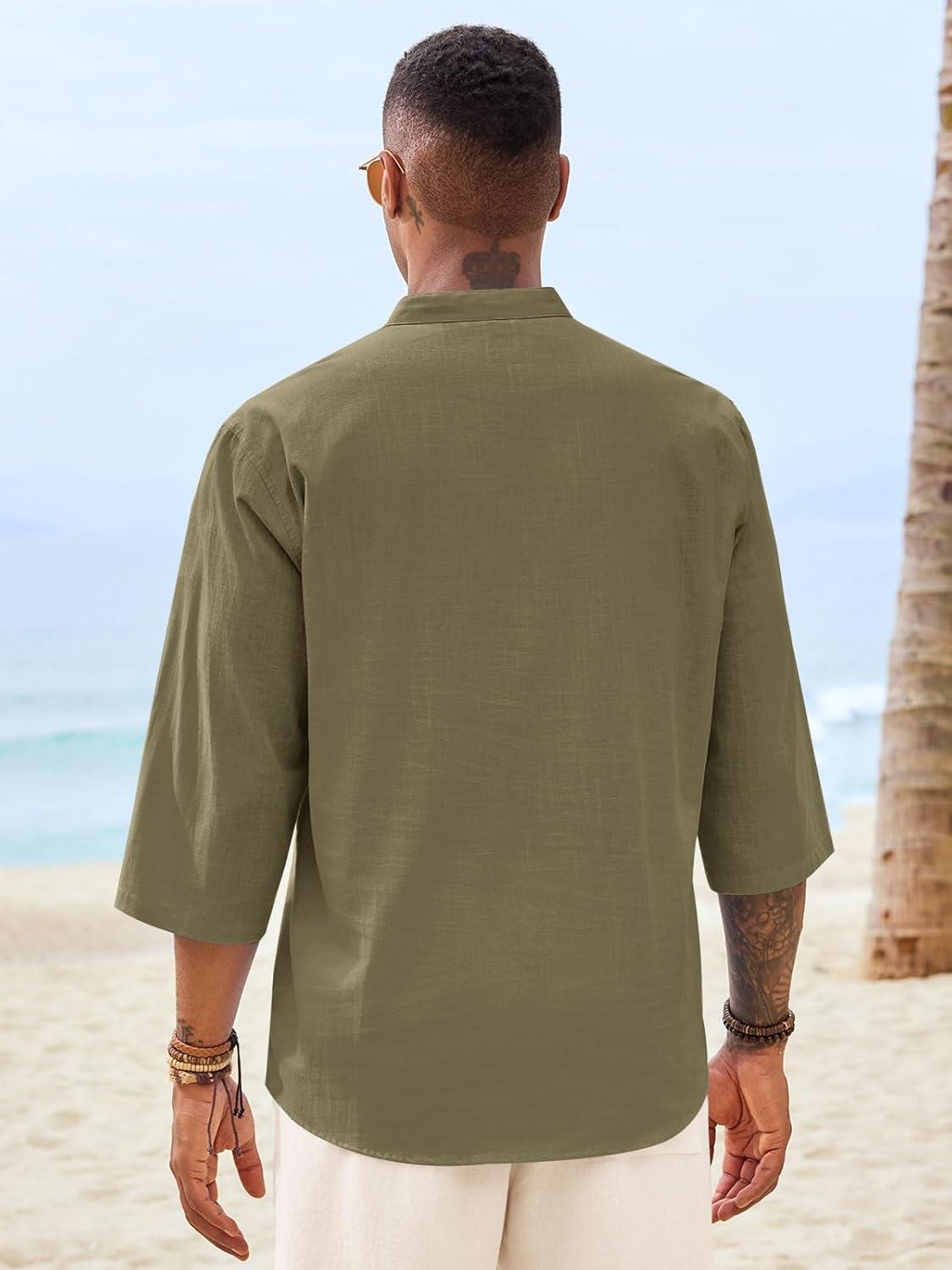 imageRuncati Mens Casual Henley Shirts 34 Sleeve Band Collar Cotton Linen Shirt Summer Beach Hippie TShirts with PocketArmy Green