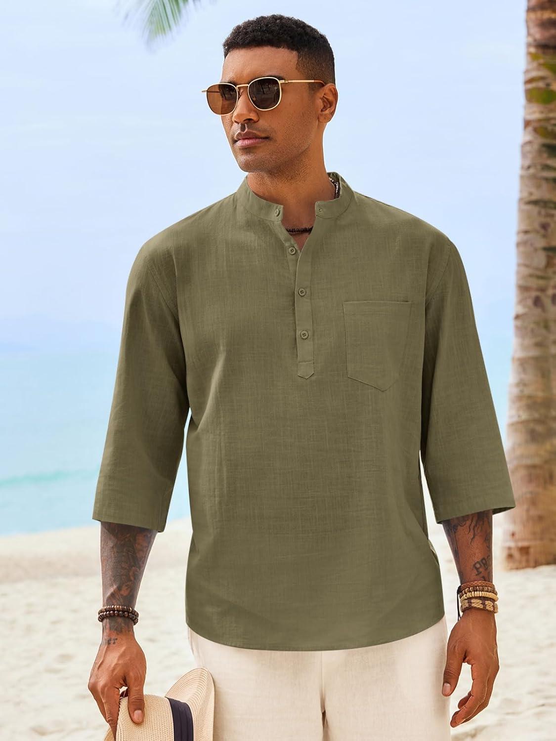 imageRuncati Mens Casual Henley Shirts 34 Sleeve Band Collar Cotton Linen Shirt Summer Beach Hippie TShirts with PocketArmy Green