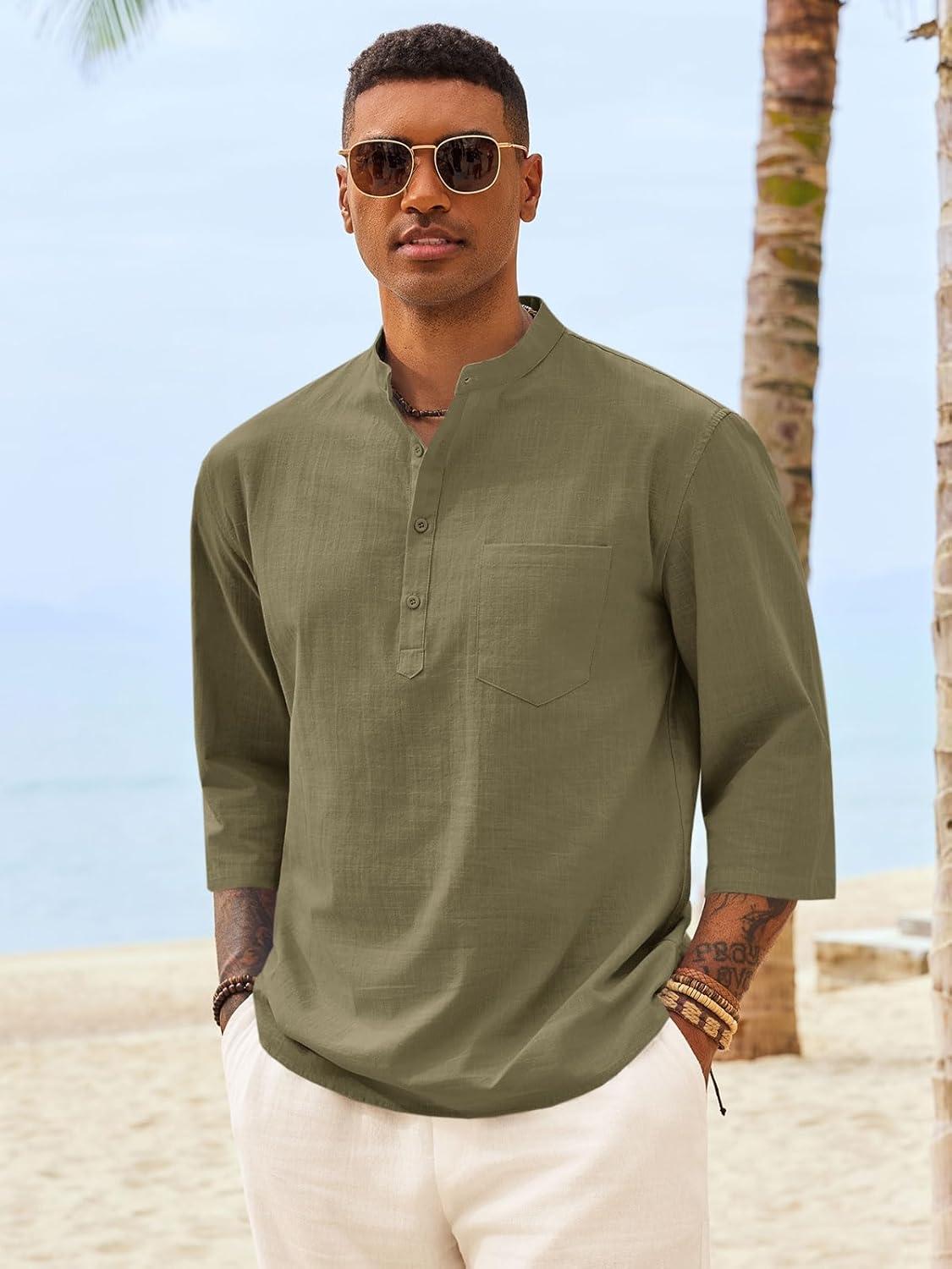 imageRuncati Mens Casual Henley Shirts 34 Sleeve Band Collar Cotton Linen Shirt Summer Beach Hippie TShirts with PocketArmy Green