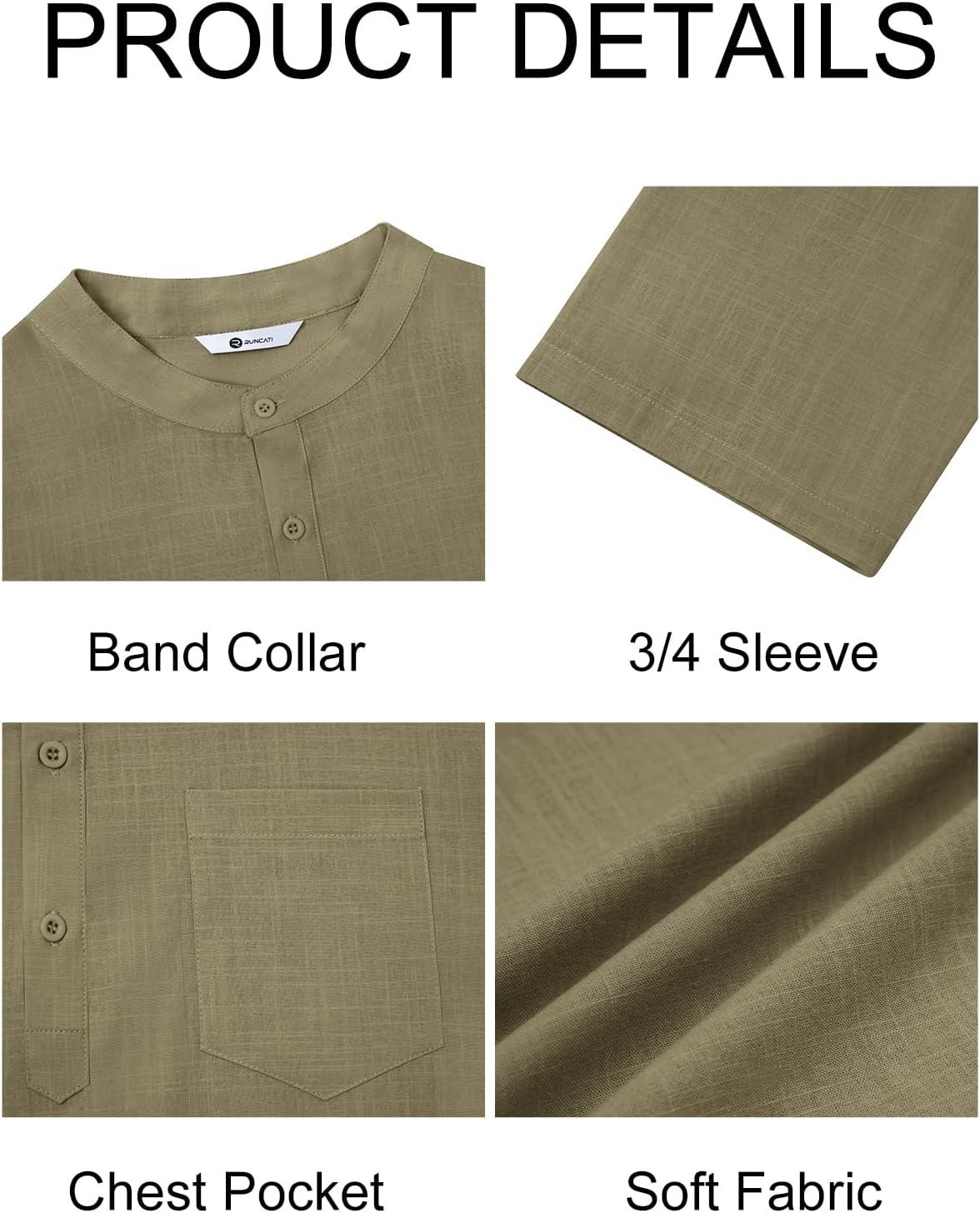imageRuncati Mens Casual Henley Shirts 34 Sleeve Band Collar Cotton Linen Shirt Summer Beach Hippie TShirts with PocketArmy Green