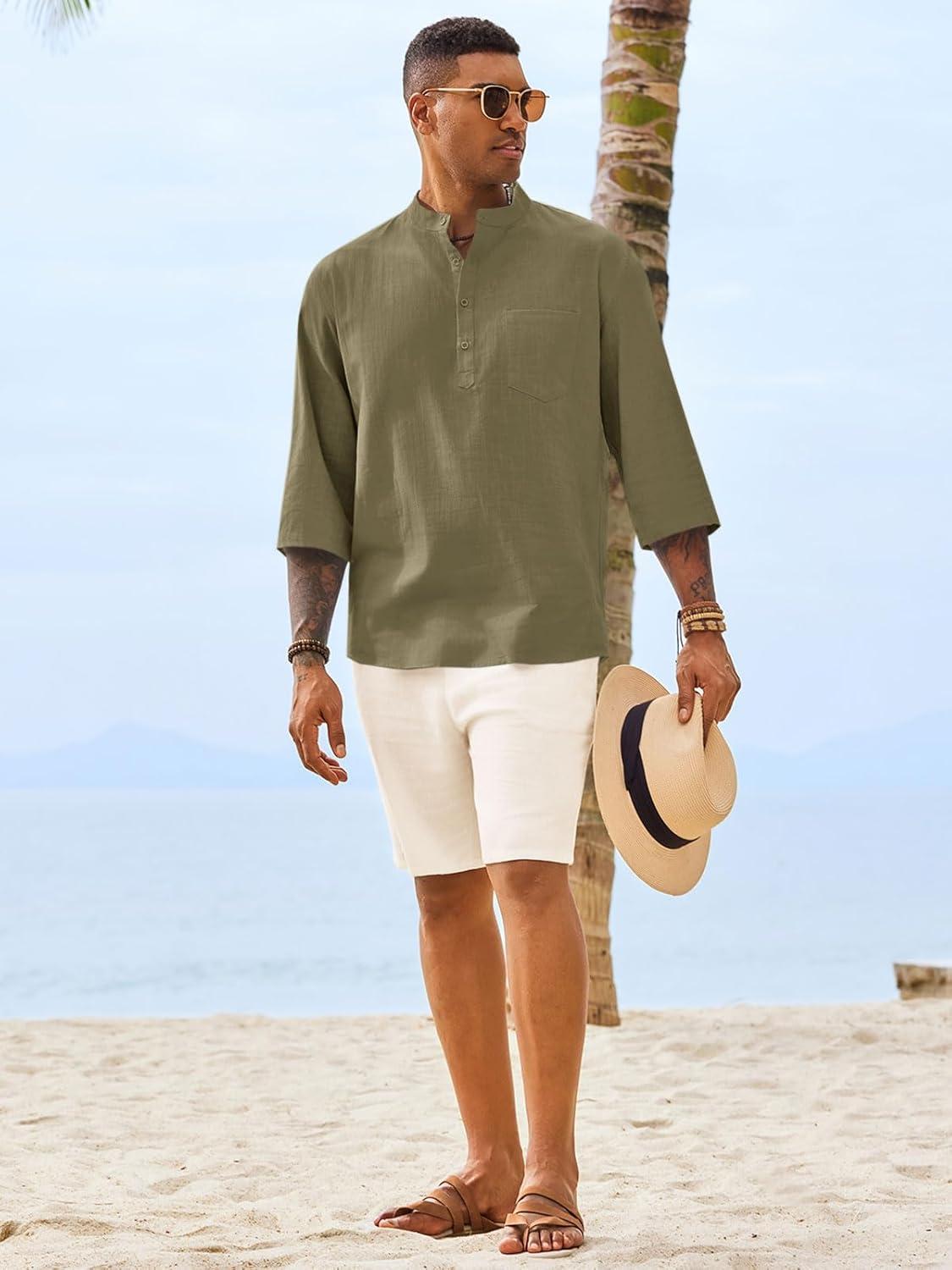 imageRuncati Mens Casual Henley Shirts 34 Sleeve Band Collar Cotton Linen Shirt Summer Beach Hippie TShirts with PocketArmy Green