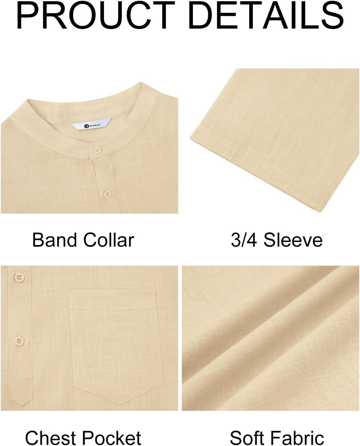 imageRuncati Mens Casual Henley Shirts 34 Sleeve Band Collar Cotton Linen Shirt Summer Beach Hippie TShirts with PocketBeige