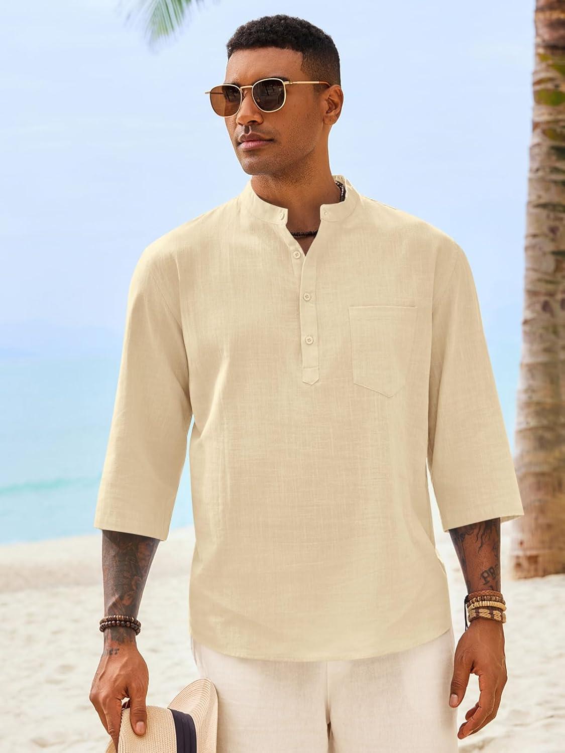 imageRuncati Mens Casual Henley Shirts 34 Sleeve Band Collar Cotton Linen Shirt Summer Beach Hippie TShirts with PocketBeige