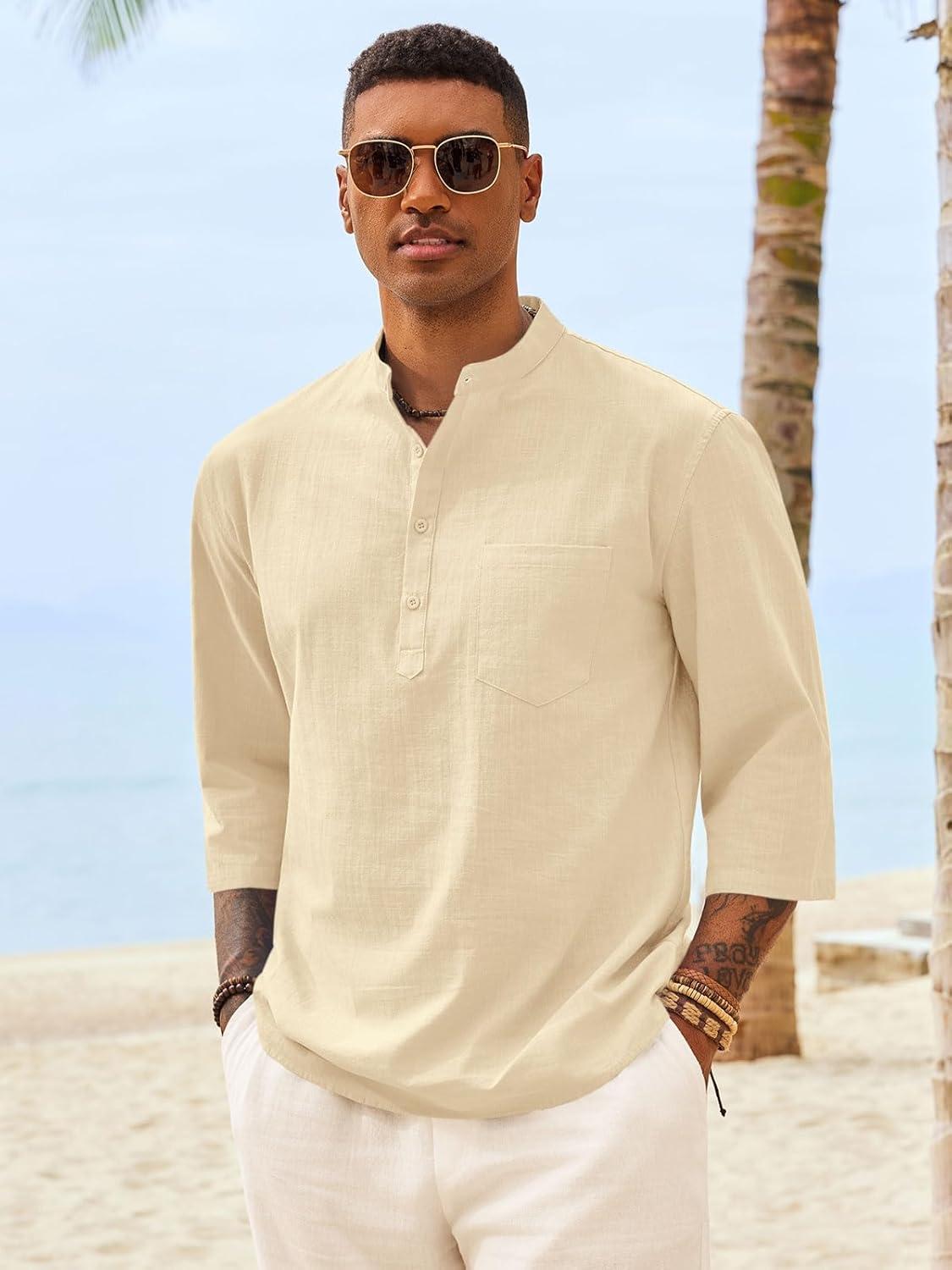 imageRuncati Mens Casual Henley Shirts 34 Sleeve Band Collar Cotton Linen Shirt Summer Beach Hippie TShirts with PocketBeige