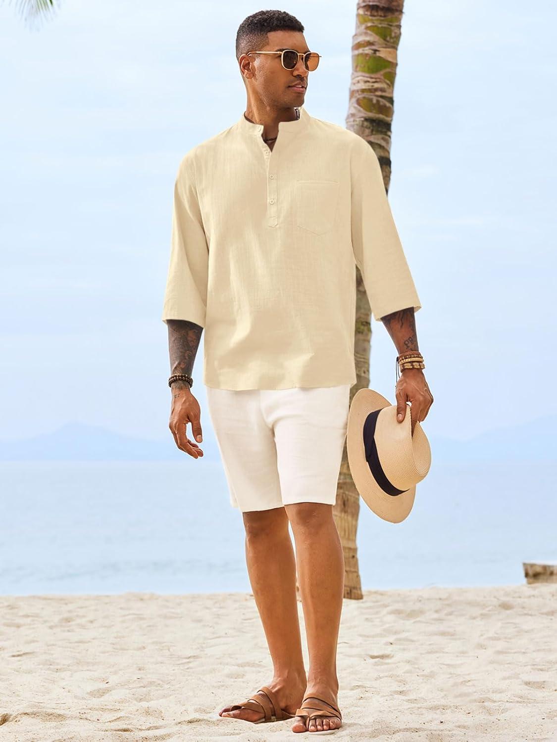 imageRuncati Mens Casual Henley Shirts 34 Sleeve Band Collar Cotton Linen Shirt Summer Beach Hippie TShirts with PocketBeige