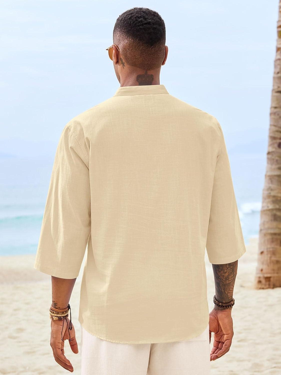 imageRuncati Mens Casual Henley Shirts 34 Sleeve Band Collar Cotton Linen Shirt Summer Beach Hippie TShirts with PocketBeige
