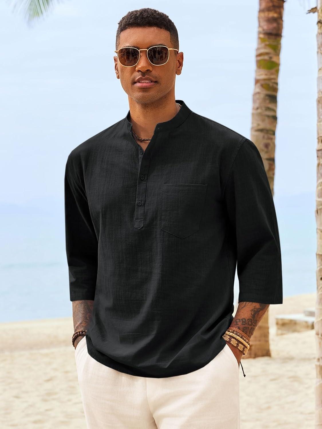 imageRuncati Mens Casual Henley Shirts 34 Sleeve Band Collar Cotton Linen Shirt Summer Beach Hippie TShirts with PocketBlack