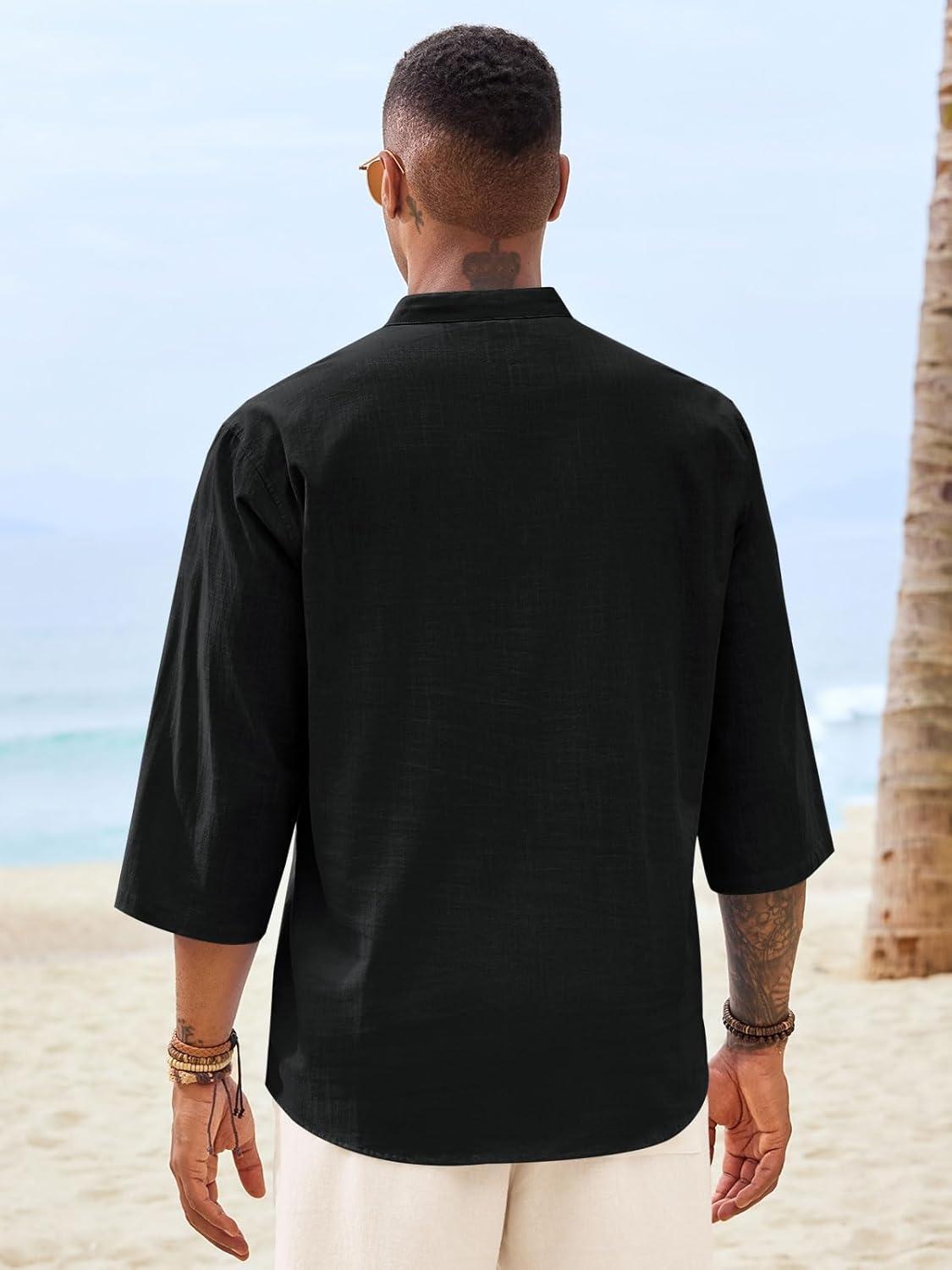 imageRuncati Mens Casual Henley Shirts 34 Sleeve Band Collar Cotton Linen Shirt Summer Beach Hippie TShirts with PocketBlack