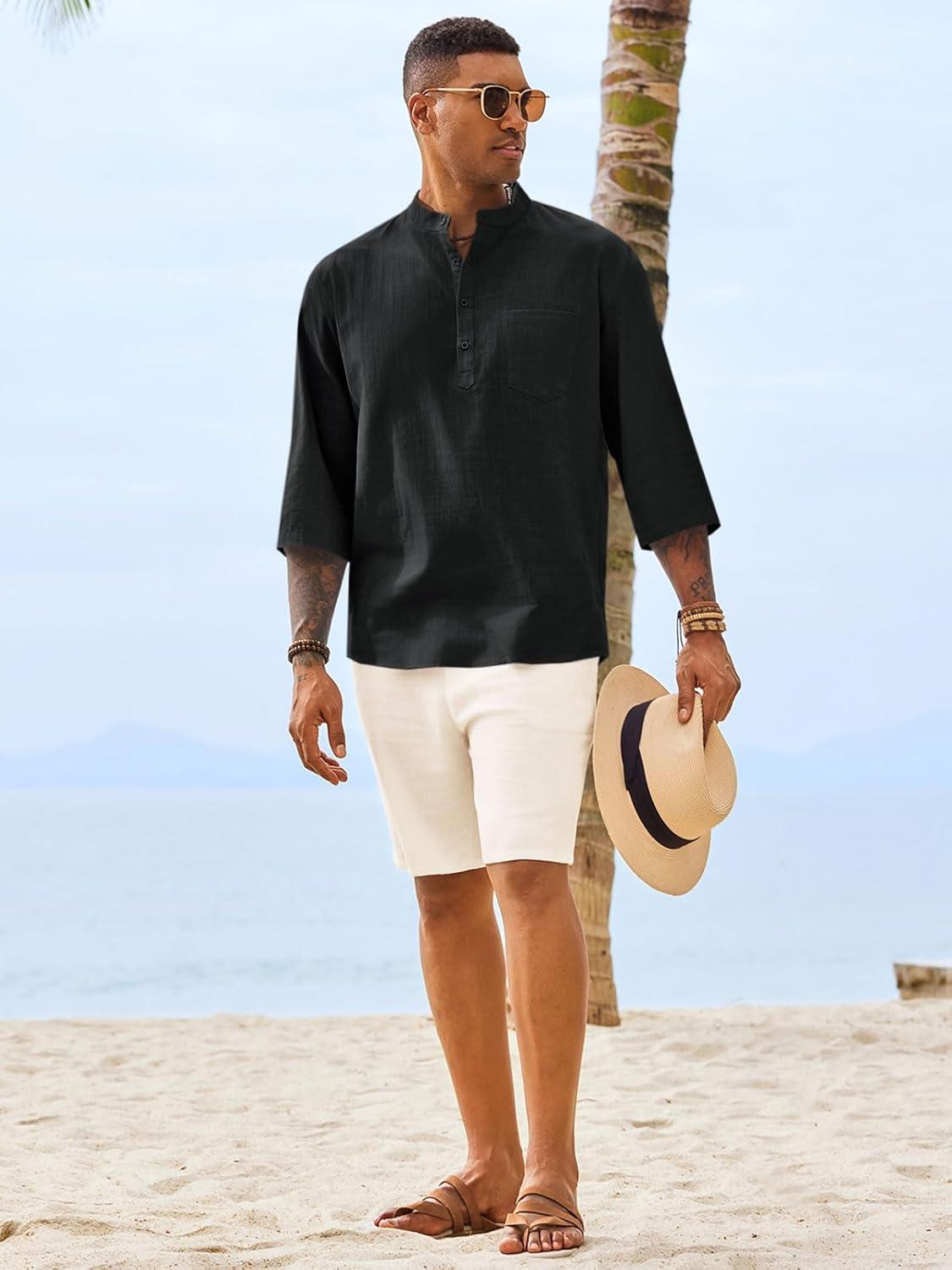 imageRuncati Mens Casual Henley Shirts 34 Sleeve Band Collar Cotton Linen Shirt Summer Beach Hippie TShirts with PocketBlack