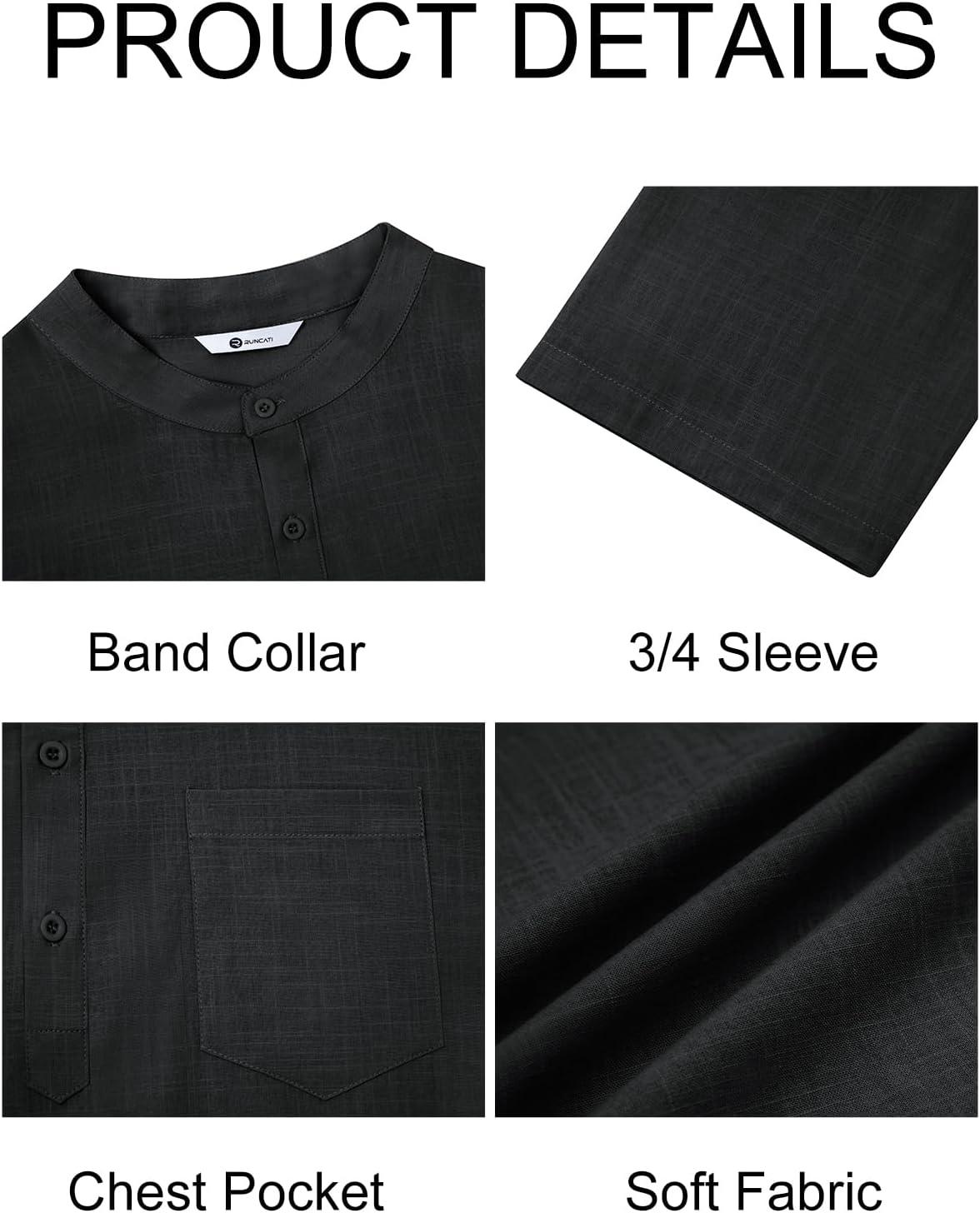 imageRuncati Mens Casual Henley Shirts 34 Sleeve Band Collar Cotton Linen Shirt Summer Beach Hippie TShirts with PocketBlack