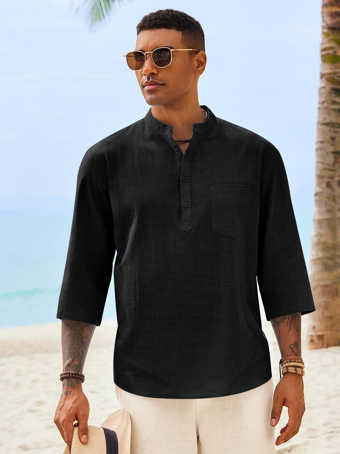 imageRuncati Mens Casual Henley Shirts 34 Sleeve Band Collar Cotton Linen Shirt Summer Beach Hippie TShirts with PocketBlack