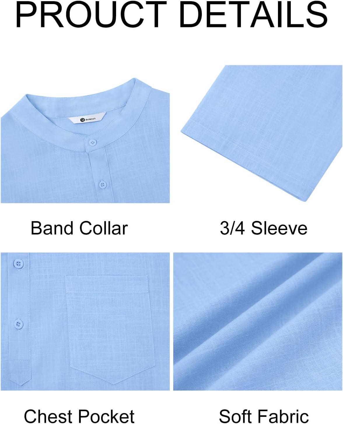 imageRuncati Mens Casual Henley Shirts 34 Sleeve Band Collar Cotton Linen Shirt Summer Beach Hippie TShirts with PocketBlue