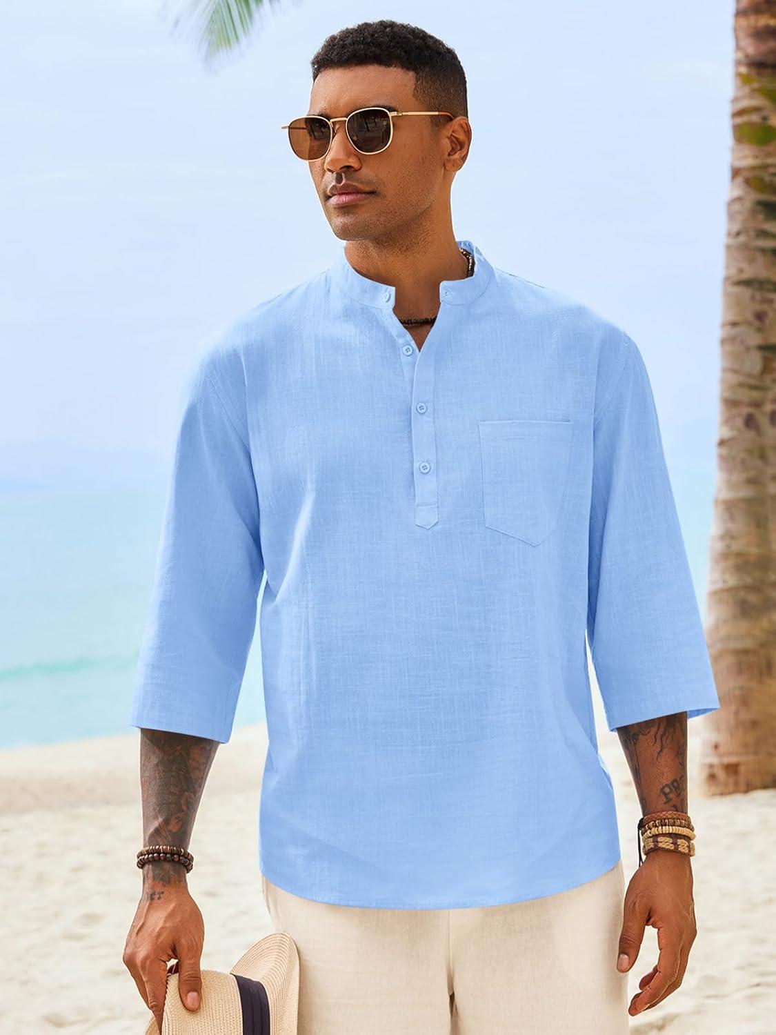 imageRuncati Mens Casual Henley Shirts 34 Sleeve Band Collar Cotton Linen Shirt Summer Beach Hippie TShirts with PocketBlue
