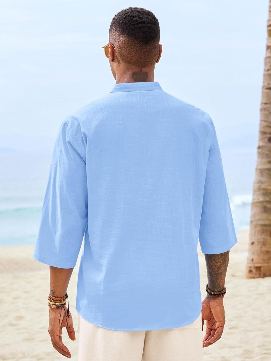 imageRuncati Mens Casual Henley Shirts 34 Sleeve Band Collar Cotton Linen Shirt Summer Beach Hippie TShirts with PocketBlue