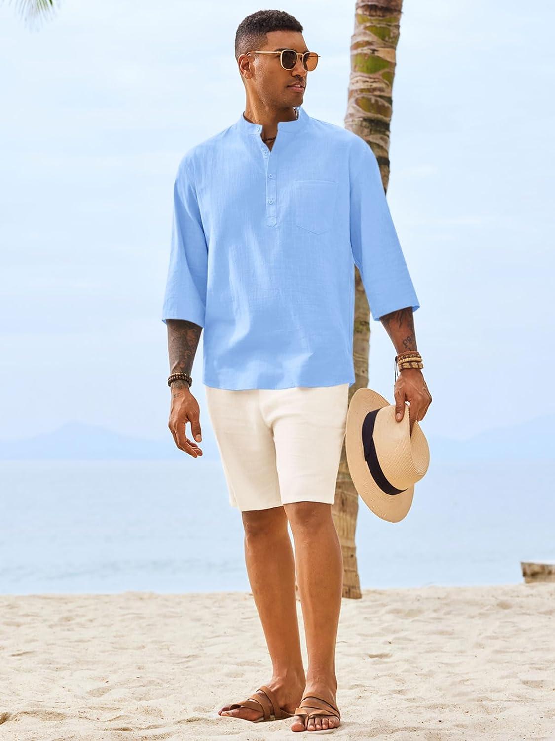imageRuncati Mens Casual Henley Shirts 34 Sleeve Band Collar Cotton Linen Shirt Summer Beach Hippie TShirts with PocketBlue