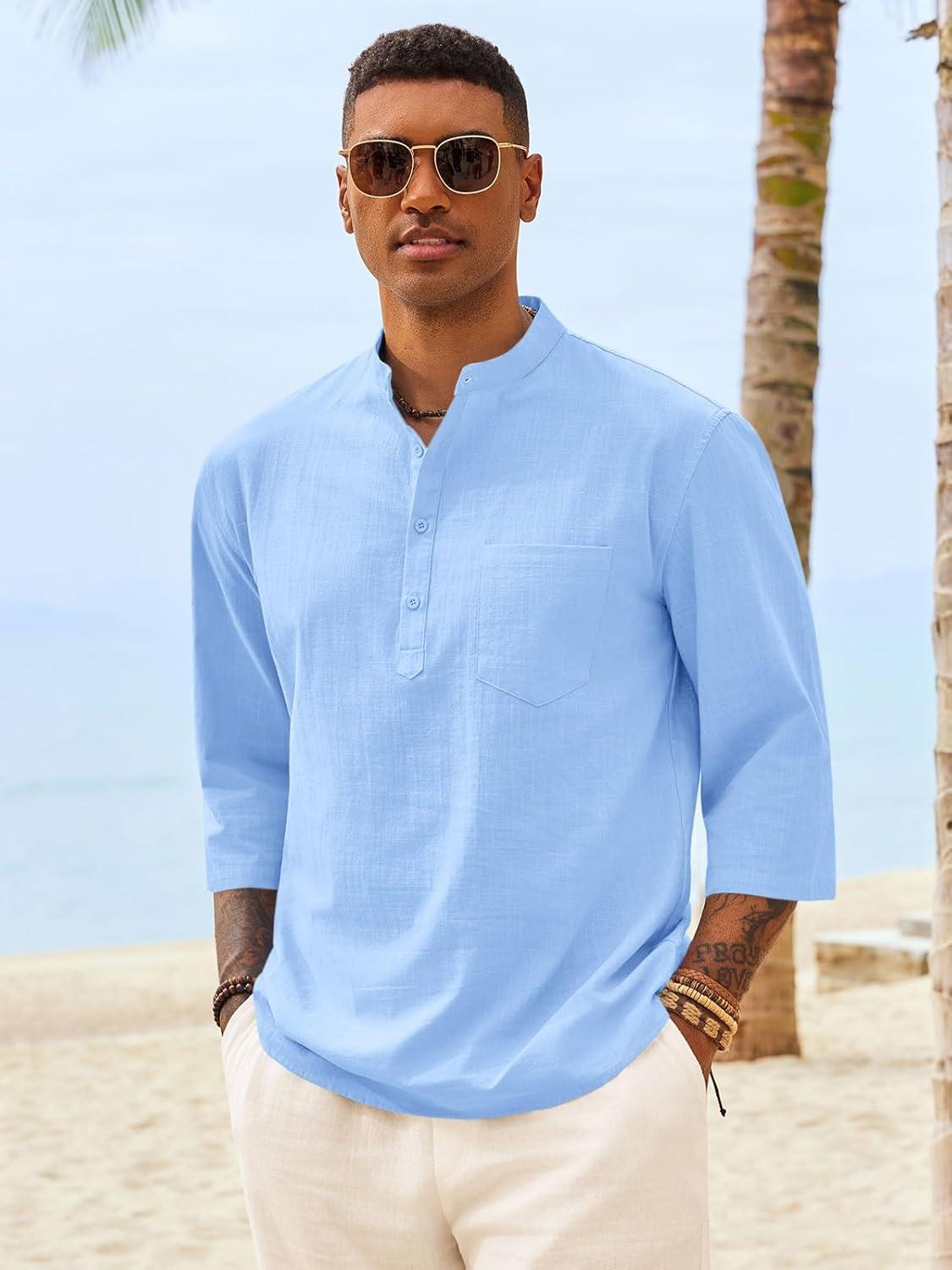 imageRuncati Mens Casual Henley Shirts 34 Sleeve Band Collar Cotton Linen Shirt Summer Beach Hippie TShirts with PocketBlue