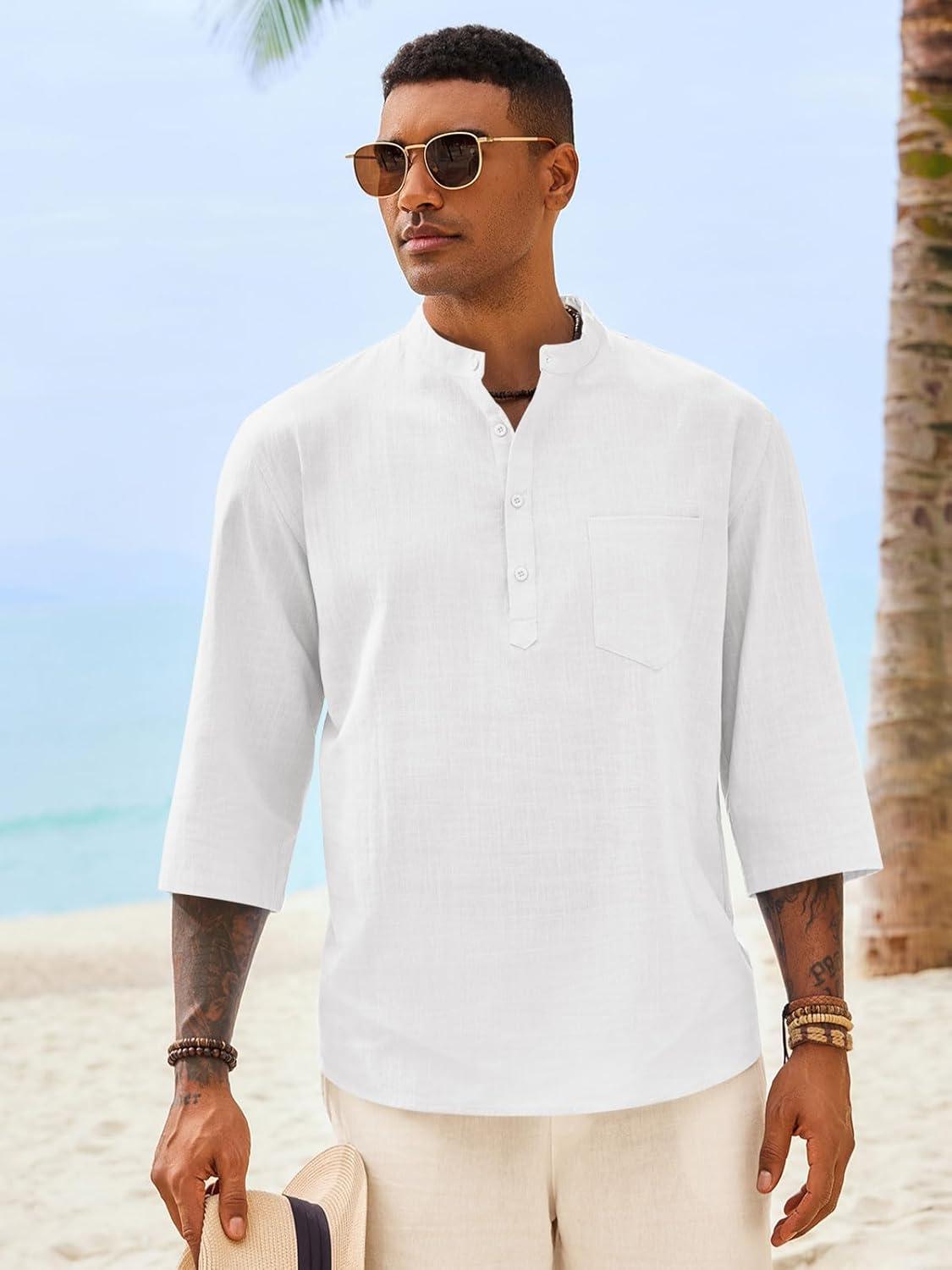 imageRuncati Mens Casual Henley Shirts 34 Sleeve Band Collar Cotton Linen Shirt Summer Beach Hippie TShirts with PocketWhite