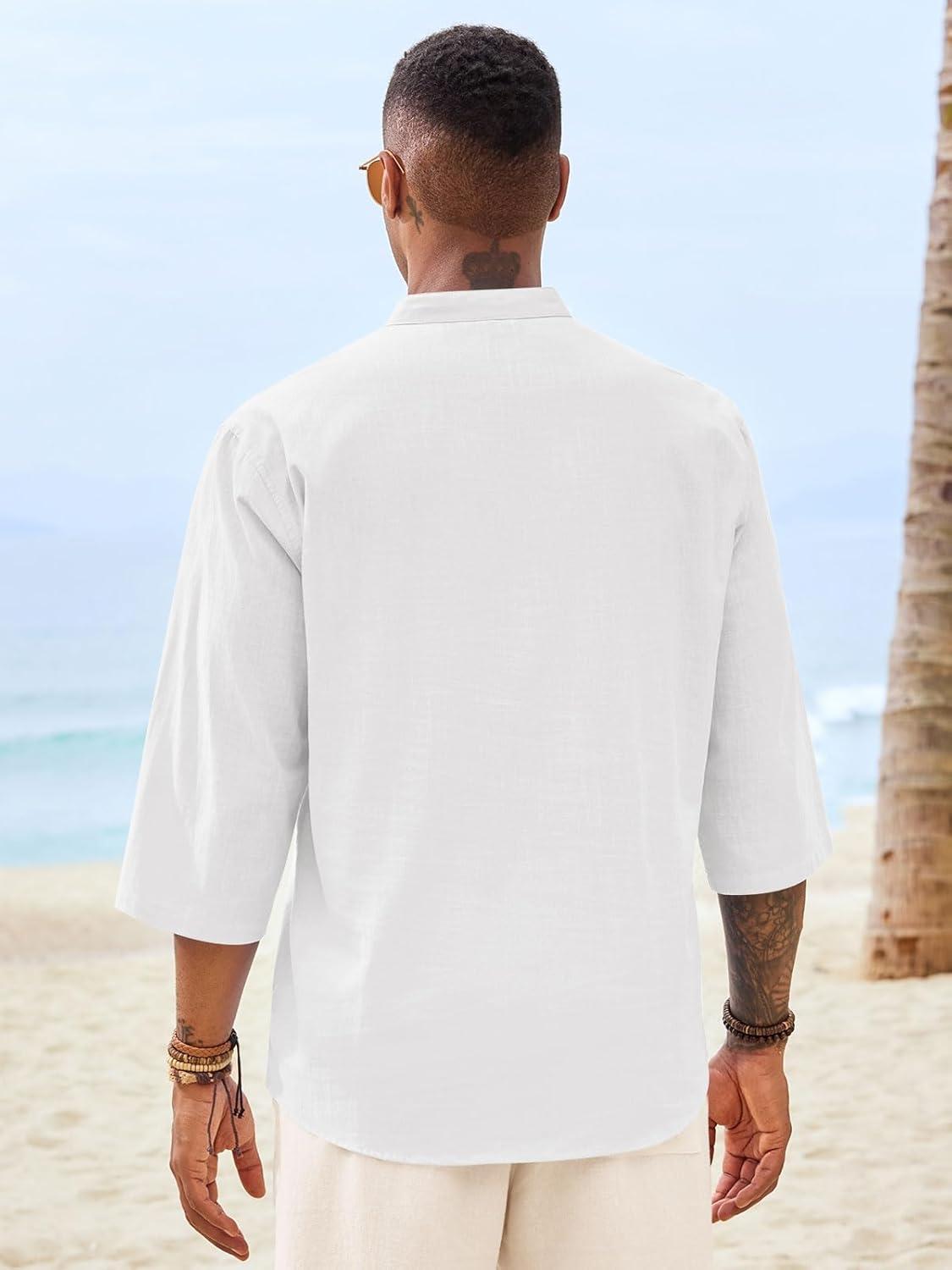 imageRuncati Mens Casual Henley Shirts 34 Sleeve Band Collar Cotton Linen Shirt Summer Beach Hippie TShirts with PocketWhite
