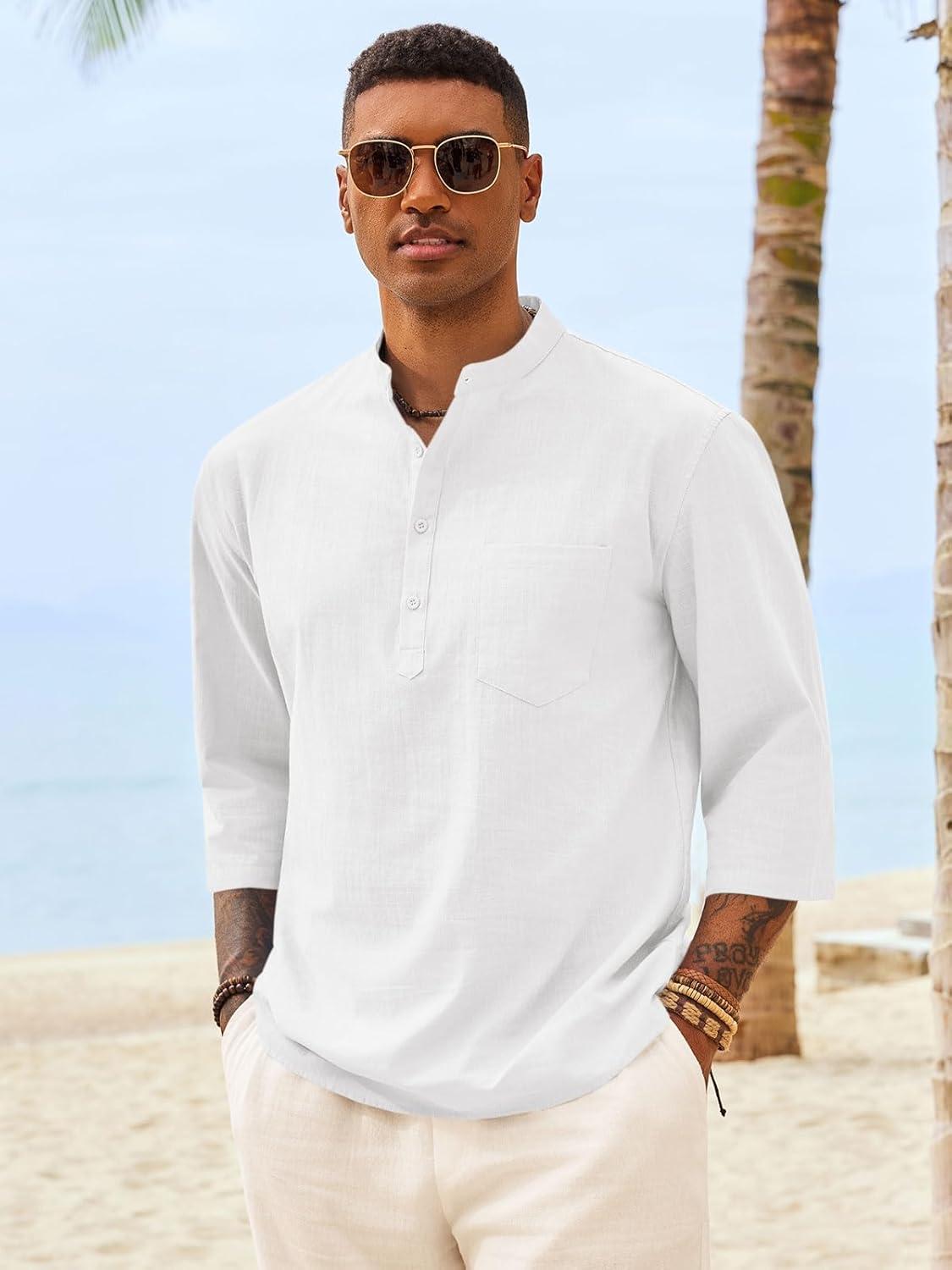 imageRuncati Mens Casual Henley Shirts 34 Sleeve Band Collar Cotton Linen Shirt Summer Beach Hippie TShirts with PocketWhite