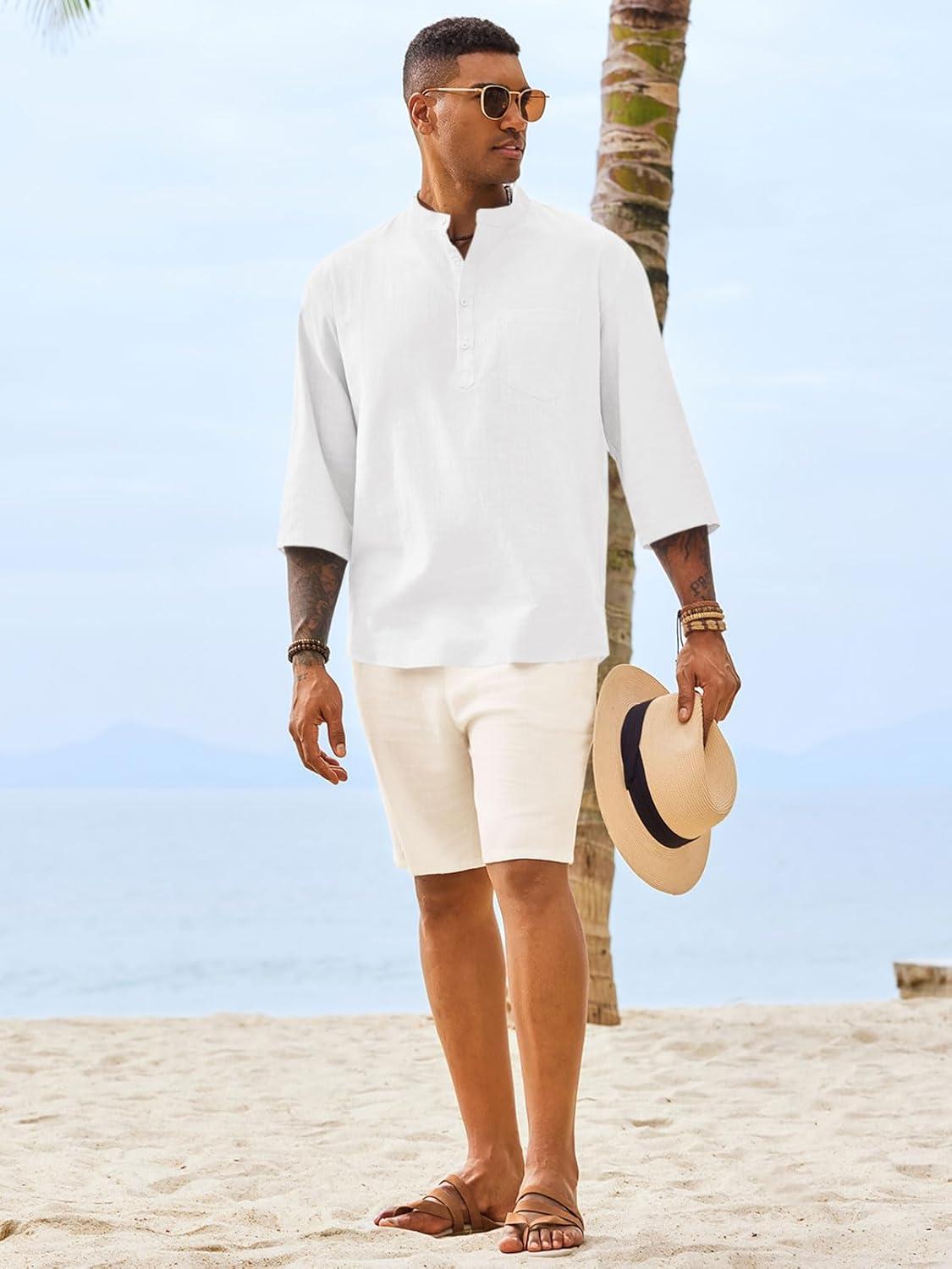 imageRuncati Mens Casual Henley Shirts 34 Sleeve Band Collar Cotton Linen Shirt Summer Beach Hippie TShirts with PocketWhite