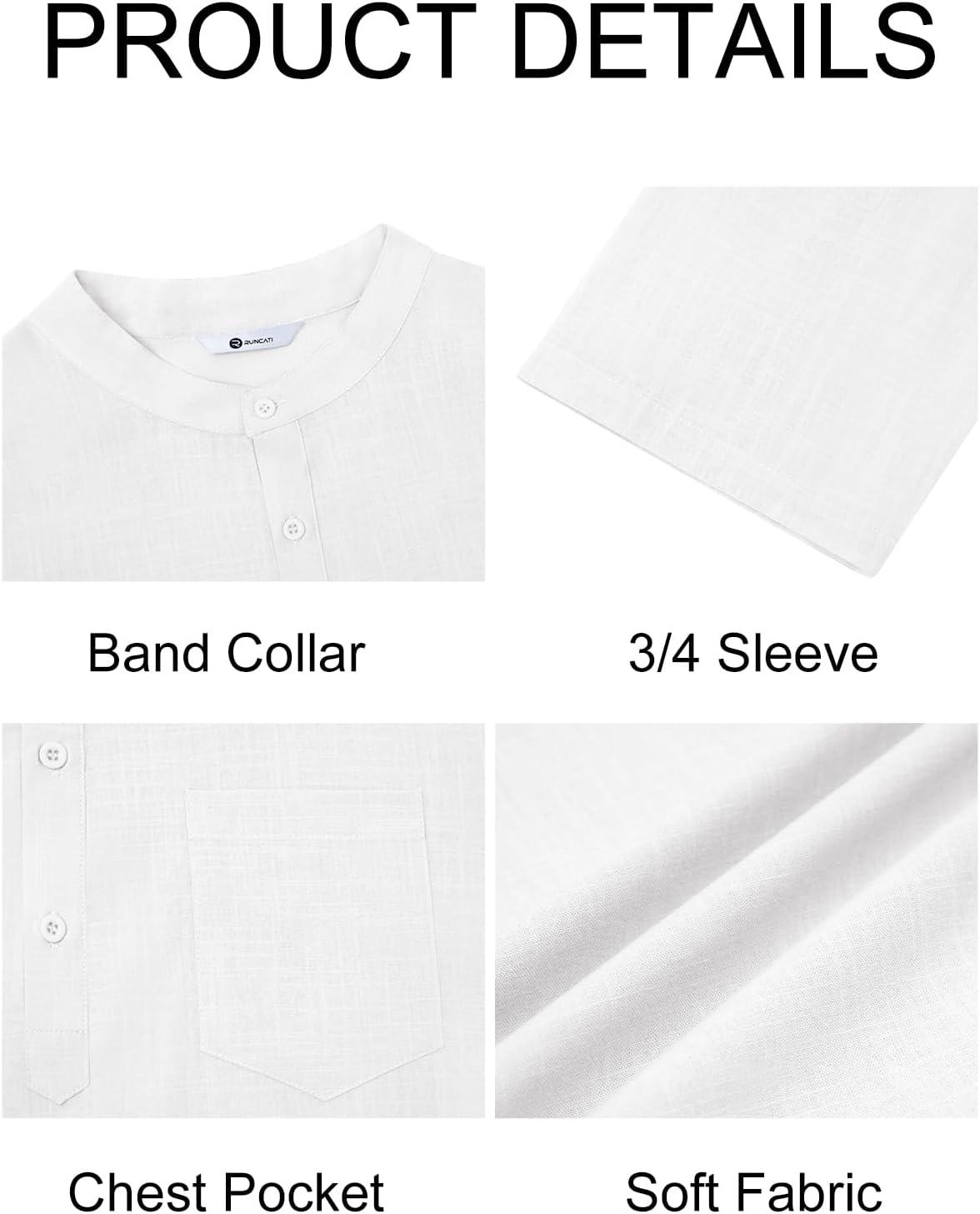 imageRuncati Mens Casual Henley Shirts 34 Sleeve Band Collar Cotton Linen Shirt Summer Beach Hippie TShirts with PocketWhite
