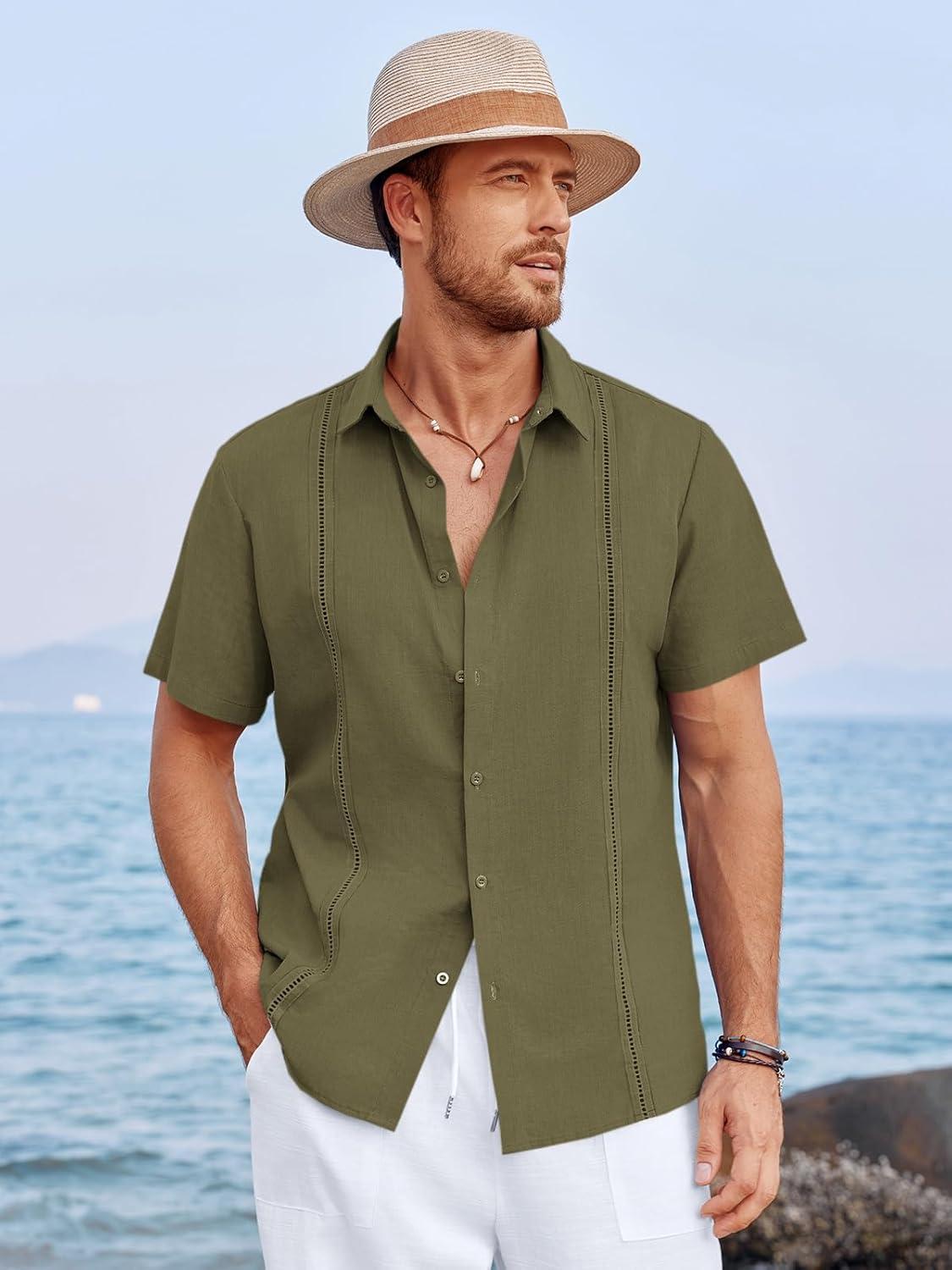 imageRuncati Mens Linen Cuban Guayabera Shirts Button Down Short Sleeve Shirt Cotton Hippie Summer Beach Vacation ShirtsArmy Green