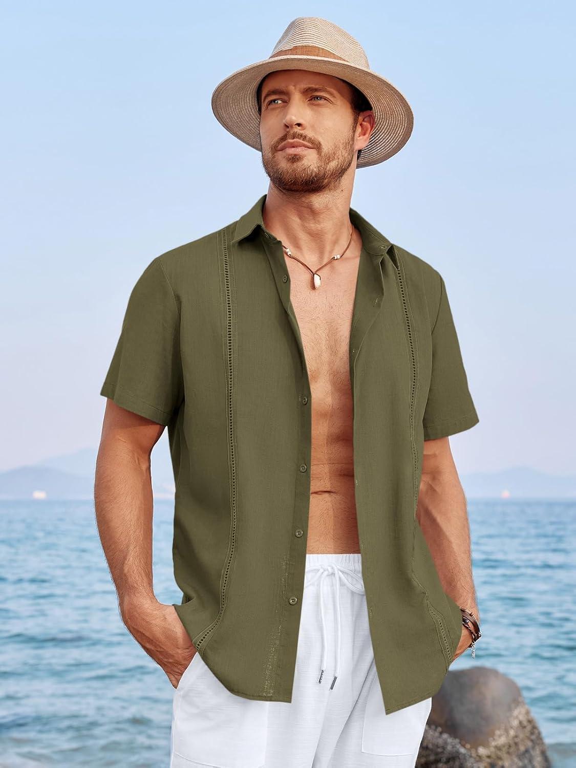 imageRuncati Mens Linen Cuban Guayabera Shirts Button Down Short Sleeve Shirt Cotton Hippie Summer Beach Vacation ShirtsArmy Green