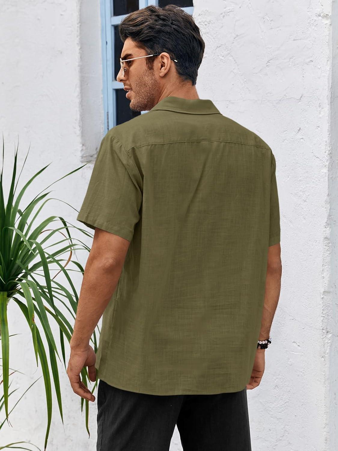 imageRuncati Mens Linen Cuban Guayabera Shirts Button Down Short Sleeve Shirt Cotton Hippie Summer Beach Vacation ShirtsArmy Green