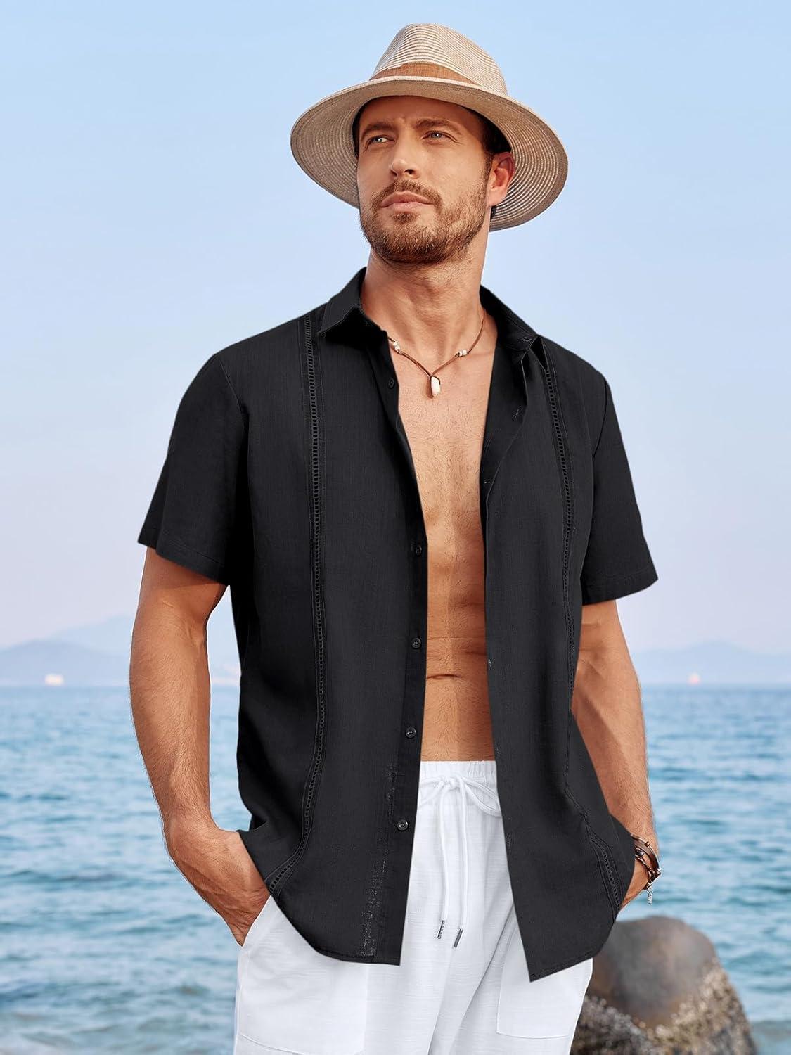 imageRuncati Mens Linen Cuban Guayabera Shirts Button Down Short Sleeve Shirt Cotton Hippie Summer Beach Vacation ShirtsBlack