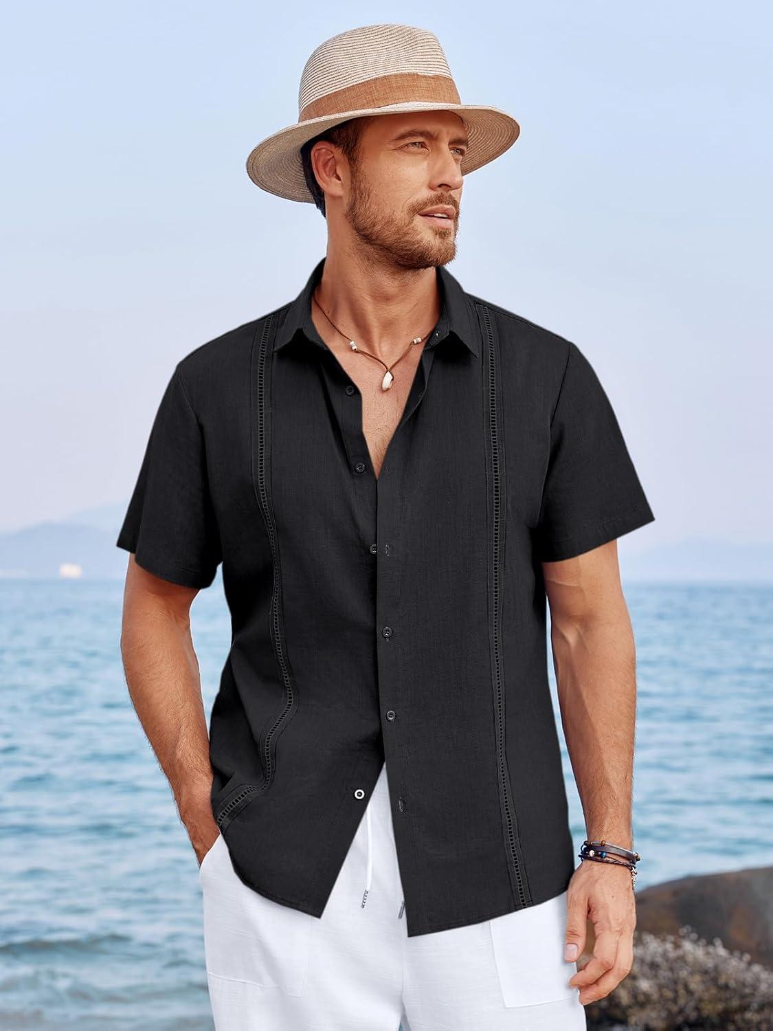 imageRuncati Mens Linen Cuban Guayabera Shirts Button Down Short Sleeve Shirt Cotton Hippie Summer Beach Vacation ShirtsBlack