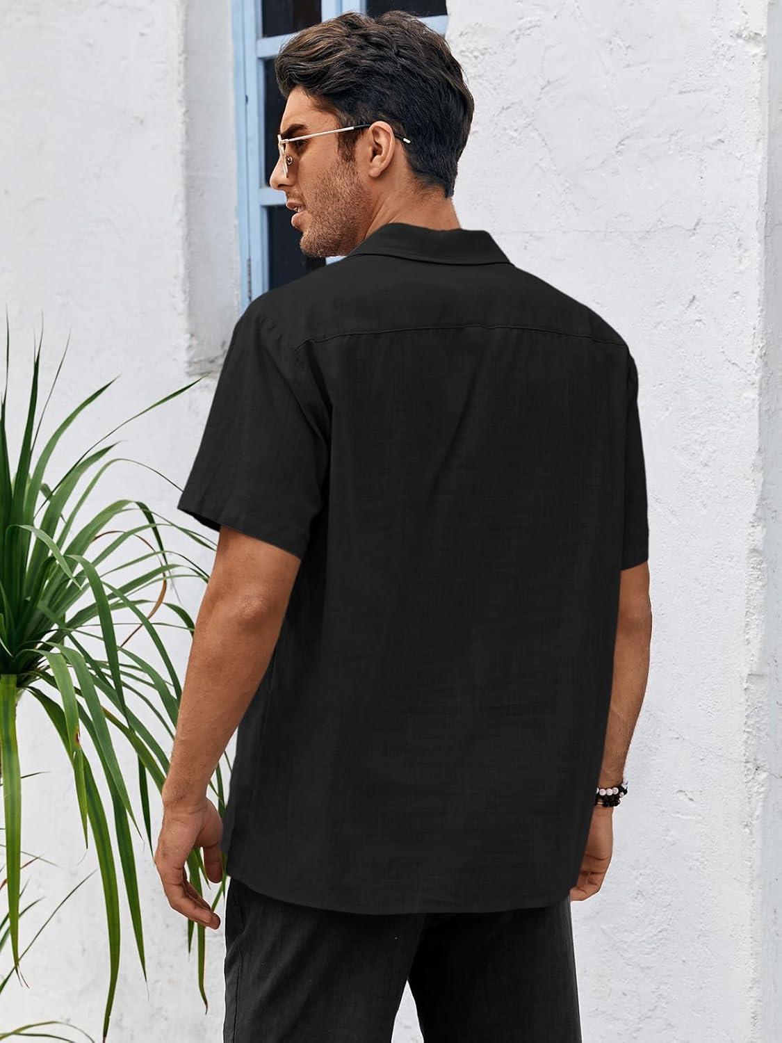 imageRuncati Mens Linen Cuban Guayabera Shirts Button Down Short Sleeve Shirt Cotton Hippie Summer Beach Vacation ShirtsBlack