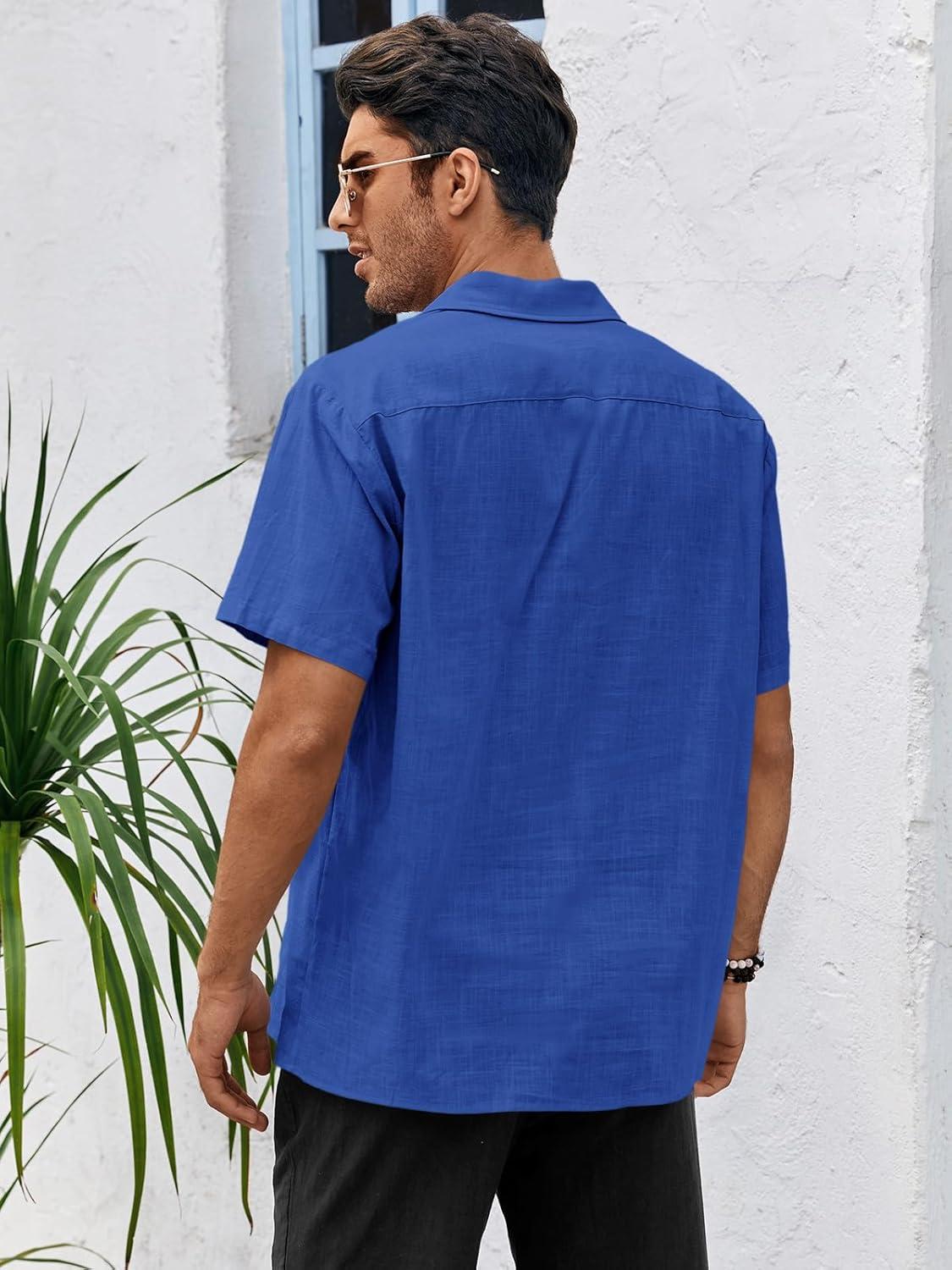 imageRuncati Mens Linen Cuban Guayabera Shirts Button Down Short Sleeve Shirt Cotton Hippie Summer Beach Vacation ShirtsBlue