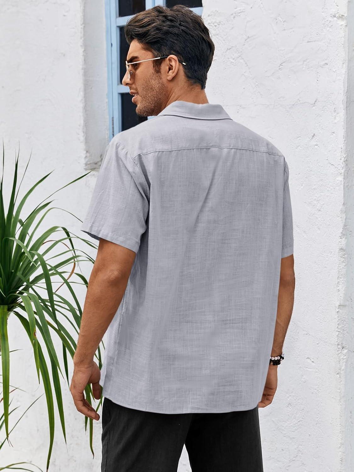 imageRuncati Mens Linen Cuban Guayabera Shirts Button Down Short Sleeve Shirt Cotton Hippie Summer Beach Vacation ShirtsGrey
