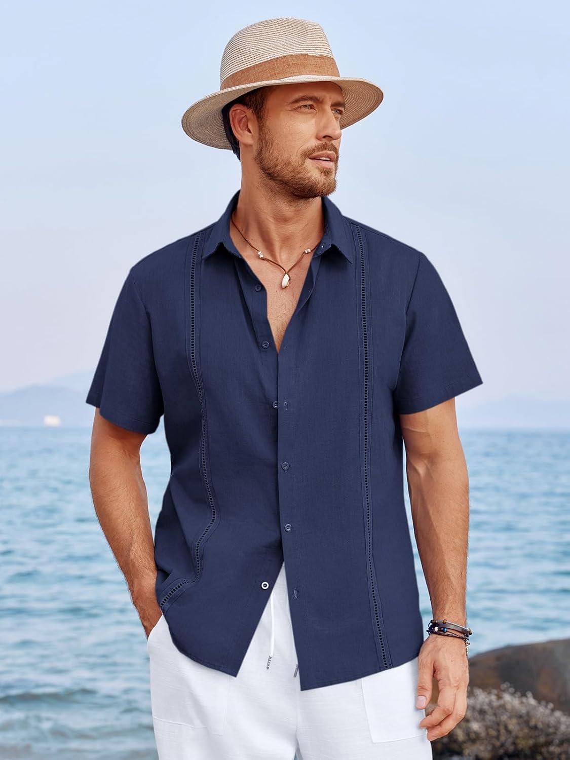 imageRuncati Mens Linen Cuban Guayabera Shirts Button Down Short Sleeve Shirt Cotton Hippie Summer Beach Vacation ShirtsNavy