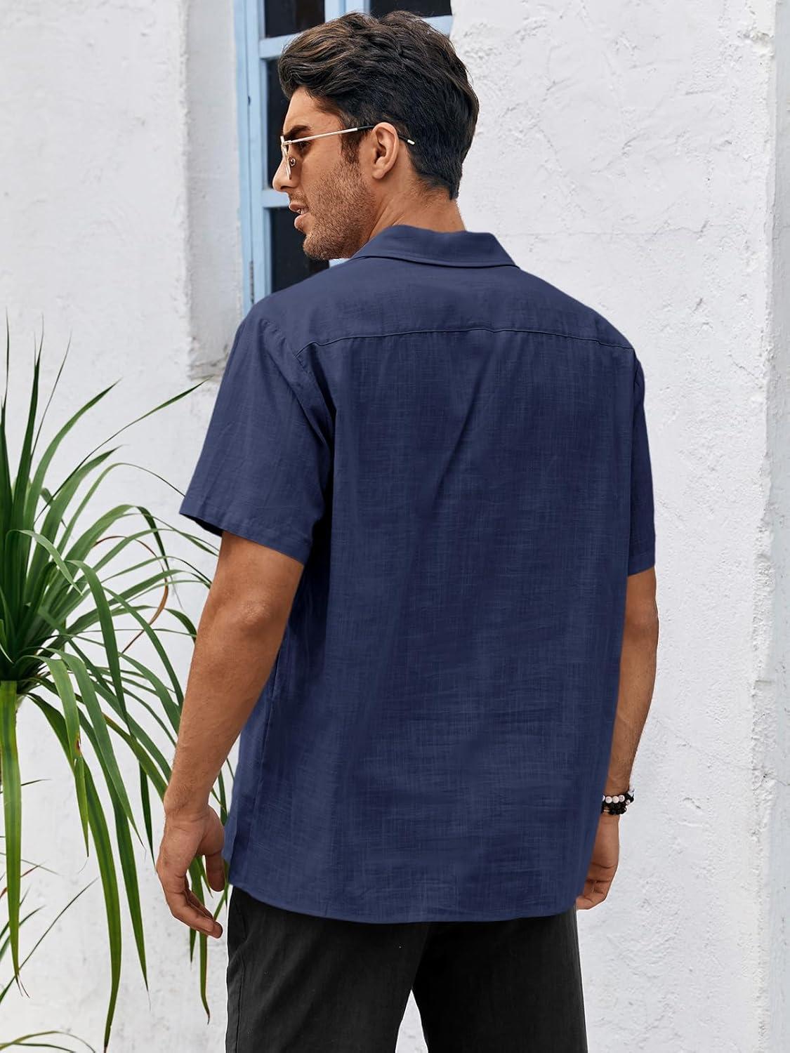 imageRuncati Mens Linen Cuban Guayabera Shirts Button Down Short Sleeve Shirt Cotton Hippie Summer Beach Vacation ShirtsNavy