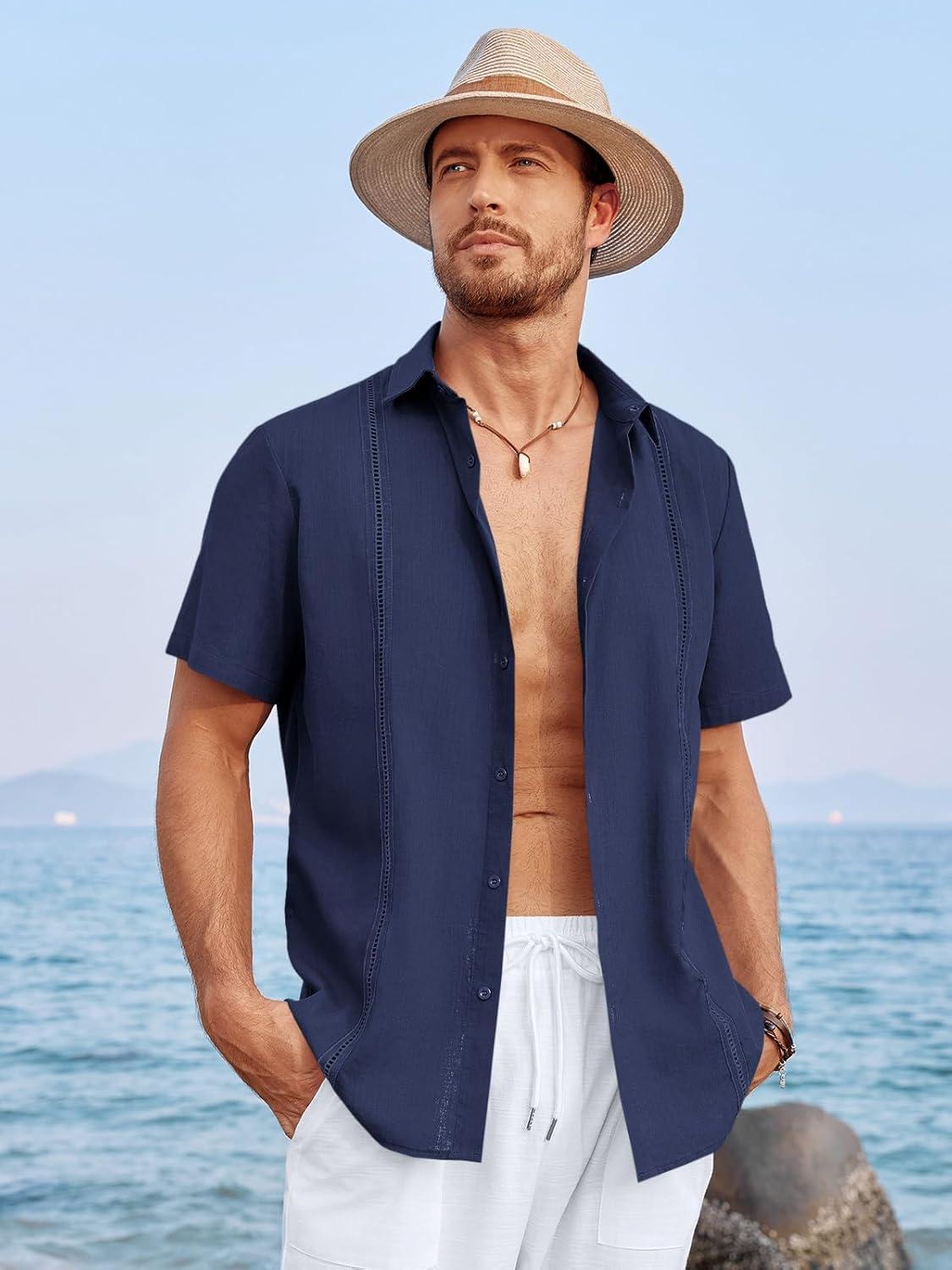 imageRuncati Mens Linen Cuban Guayabera Shirts Button Down Short Sleeve Shirt Cotton Hippie Summer Beach Vacation ShirtsNavy