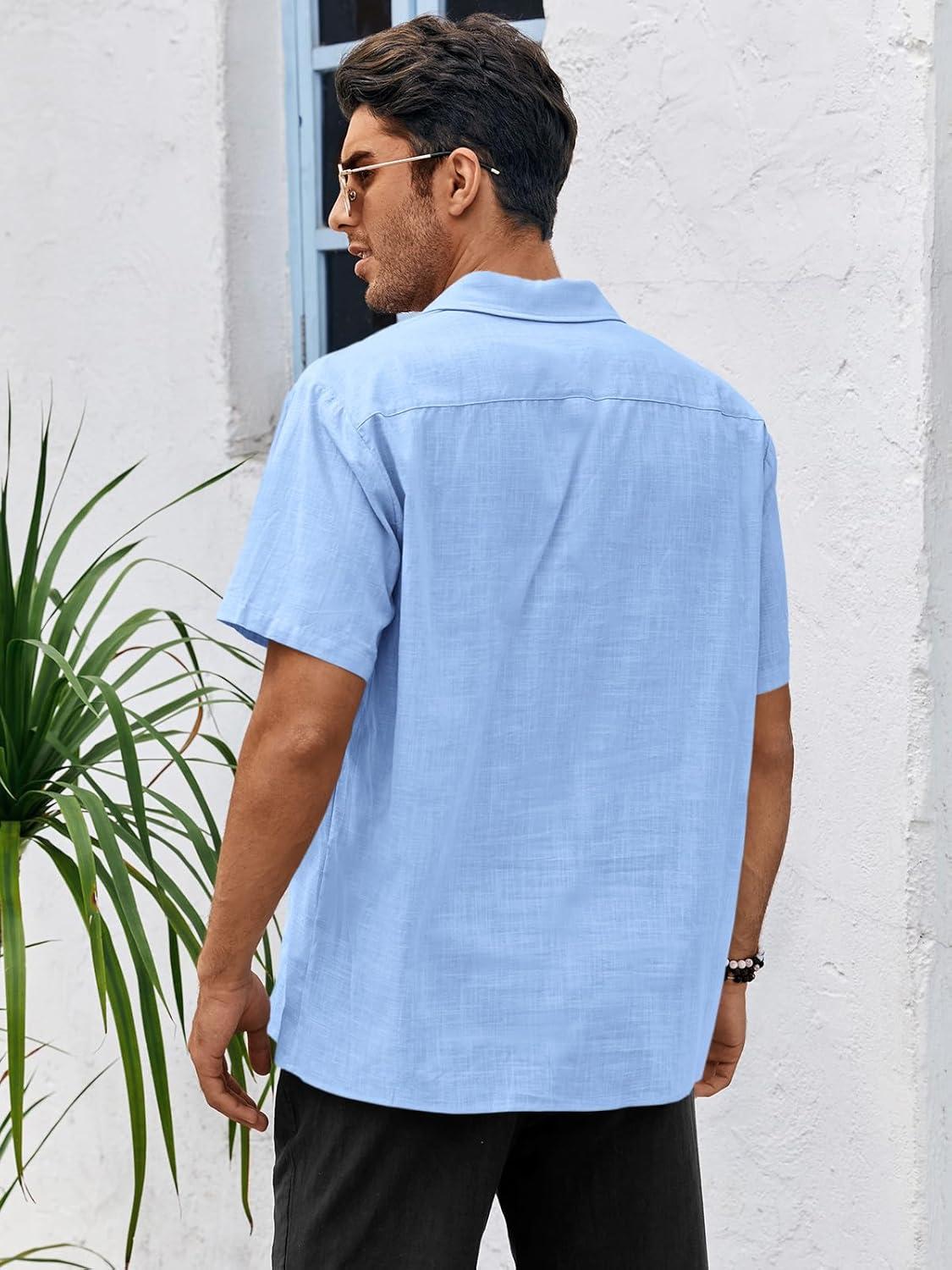 imageRuncati Mens Linen Cuban Guayabera Shirts Button Down Short Sleeve Shirt Cotton Hippie Summer Beach Vacation ShirtsSky Blue