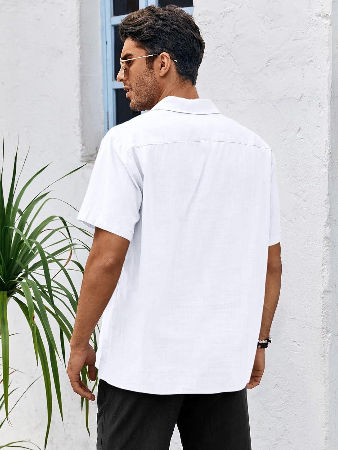 imageRuncati Mens Linen Cuban Guayabera Shirts Button Down Short Sleeve Shirt Cotton Hippie Summer Beach Vacation ShirtsWhite