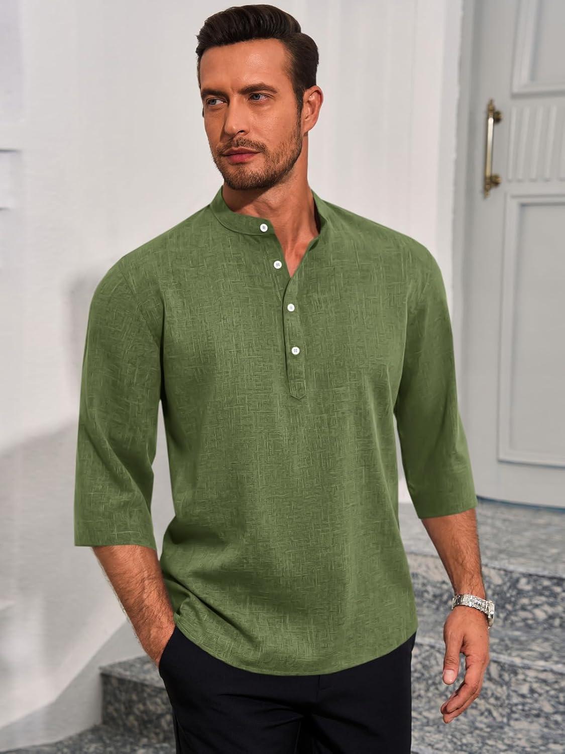 imageRuncati Mens Linen Henley Shirts Casual Lightweight 34 Sleeve TShirt Summer Beach Yoga Hippie TopsArmy Green