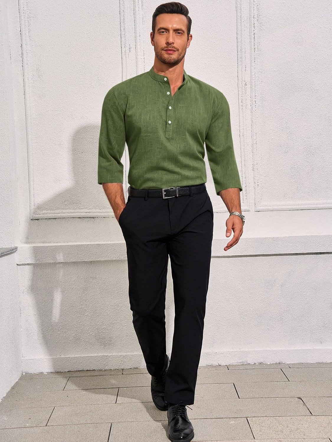 imageRuncati Mens Linen Henley Shirts Casual Lightweight 34 Sleeve TShirt Summer Beach Yoga Hippie TopsArmy Green