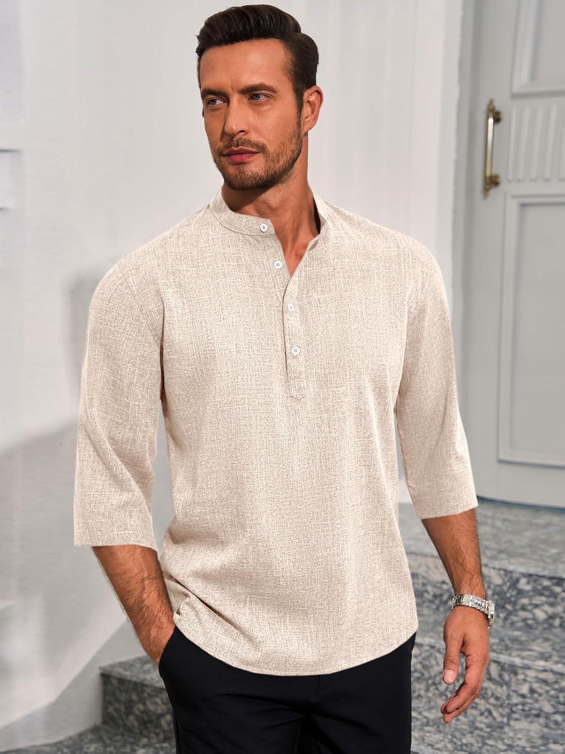 imageRuncati Mens Linen Henley Shirts Casual Lightweight 34 Sleeve TShirt Summer Beach Yoga Hippie TopsBeige