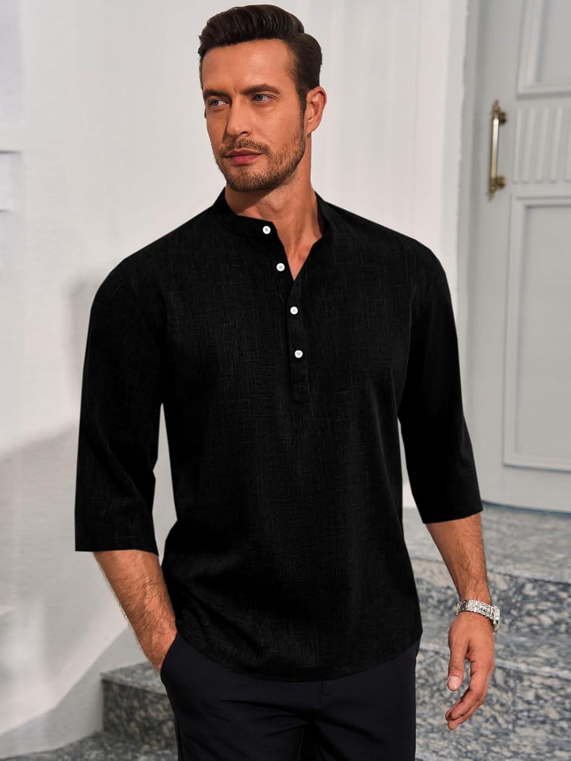 imageRuncati Mens Linen Henley Shirts Casual Lightweight 34 Sleeve TShirt Summer Beach Yoga Hippie TopsBlack