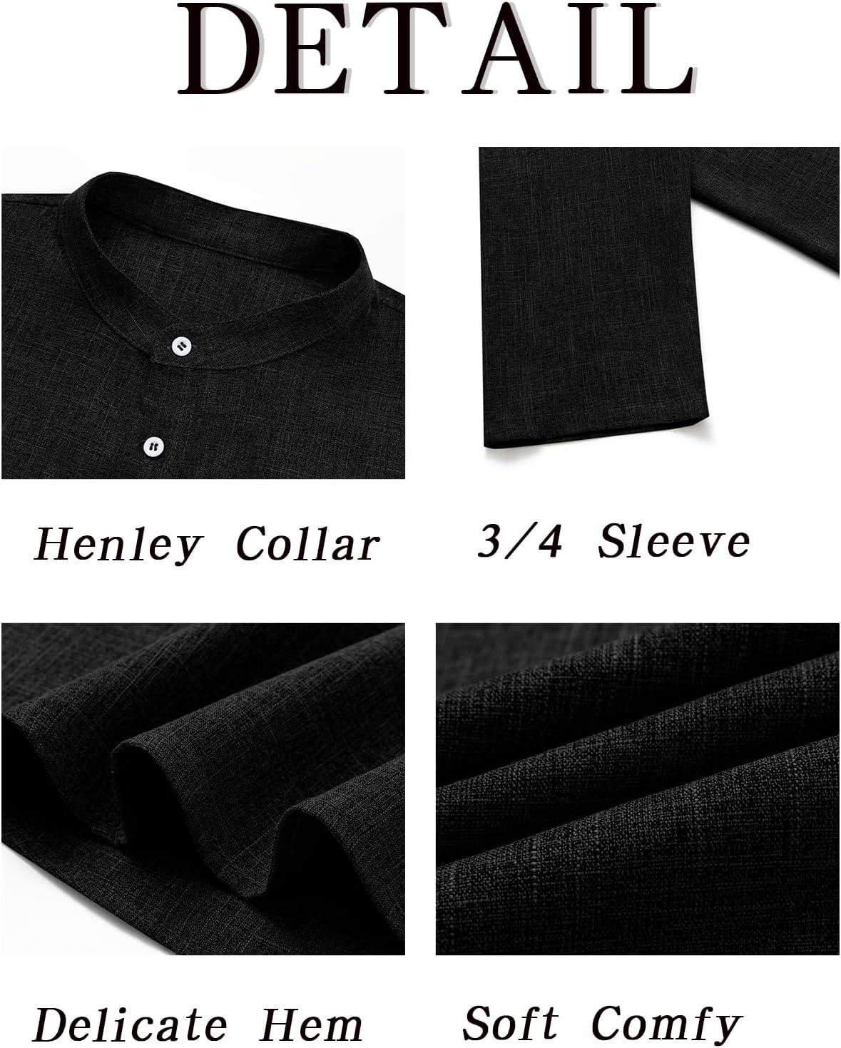 imageRuncati Mens Linen Henley Shirts Casual Lightweight 34 Sleeve TShirt Summer Beach Yoga Hippie TopsBlack