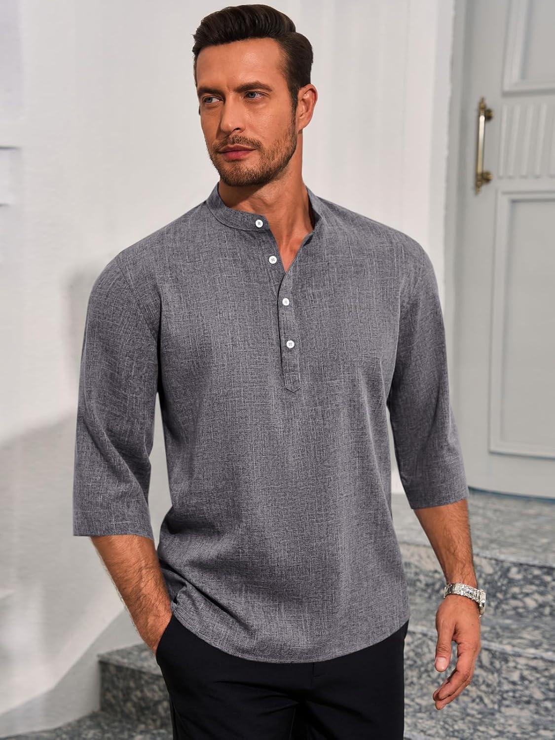 imageRuncati Mens Linen Henley Shirts Casual Lightweight 34 Sleeve TShirt Summer Beach Yoga Hippie TopsDark Grey