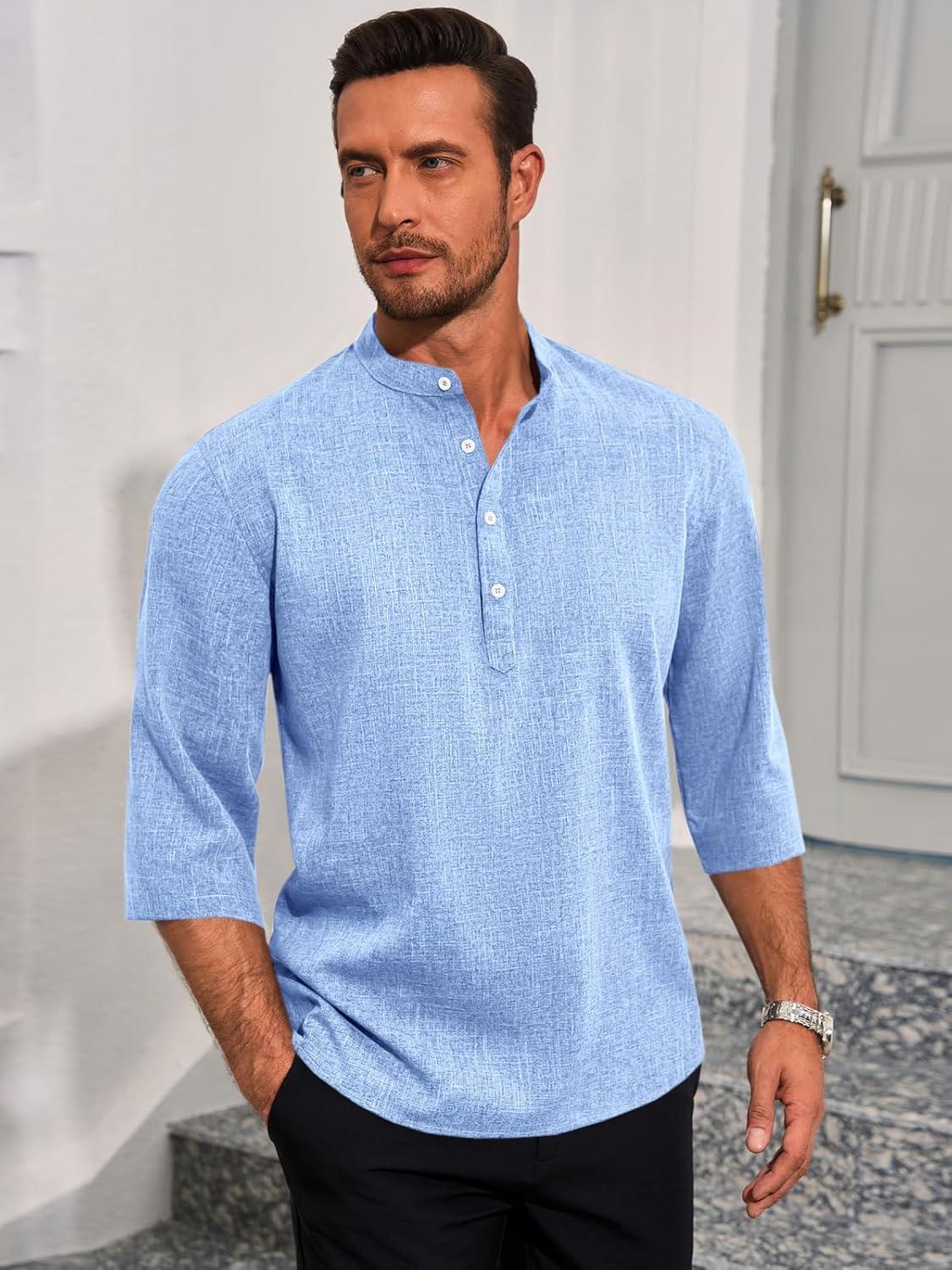 imageRuncati Mens Linen Henley Shirts Casual Lightweight 34 Sleeve TShirt Summer Beach Yoga Hippie TopsLight Blue