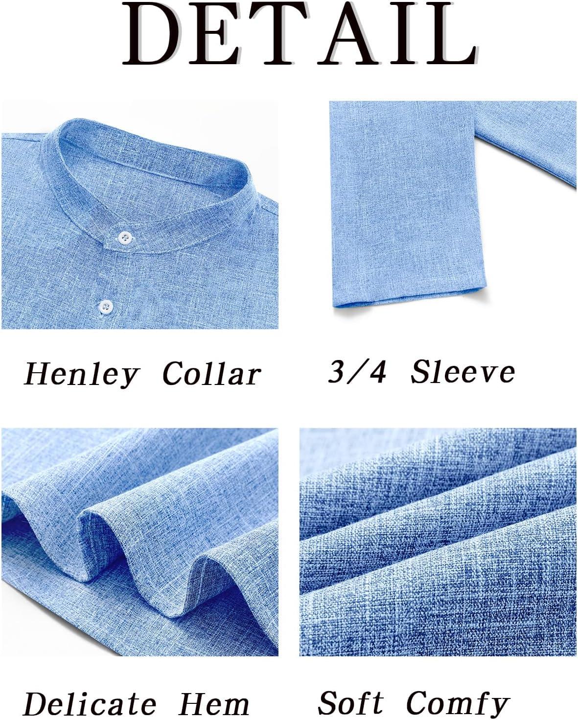 imageRuncati Mens Linen Henley Shirts Casual Lightweight 34 Sleeve TShirt Summer Beach Yoga Hippie TopsLight Blue