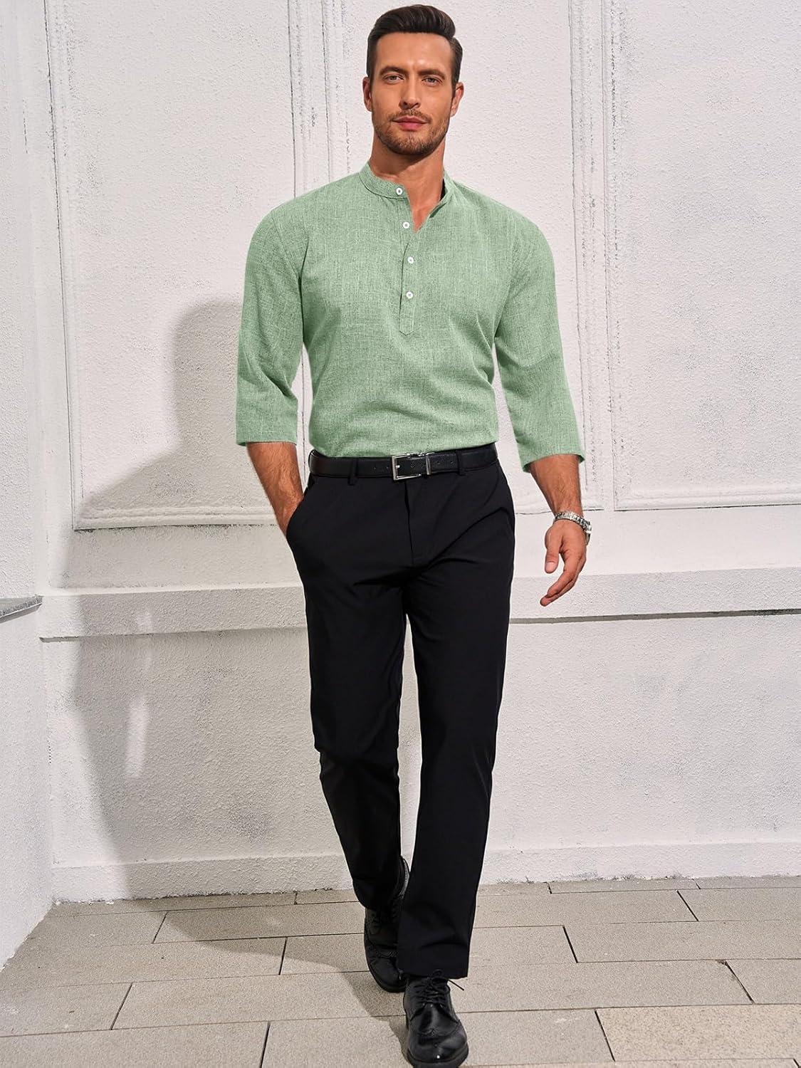 imageRuncati Mens Linen Henley Shirts Casual Lightweight 34 Sleeve TShirt Summer Beach Yoga Hippie TopsOlive Green